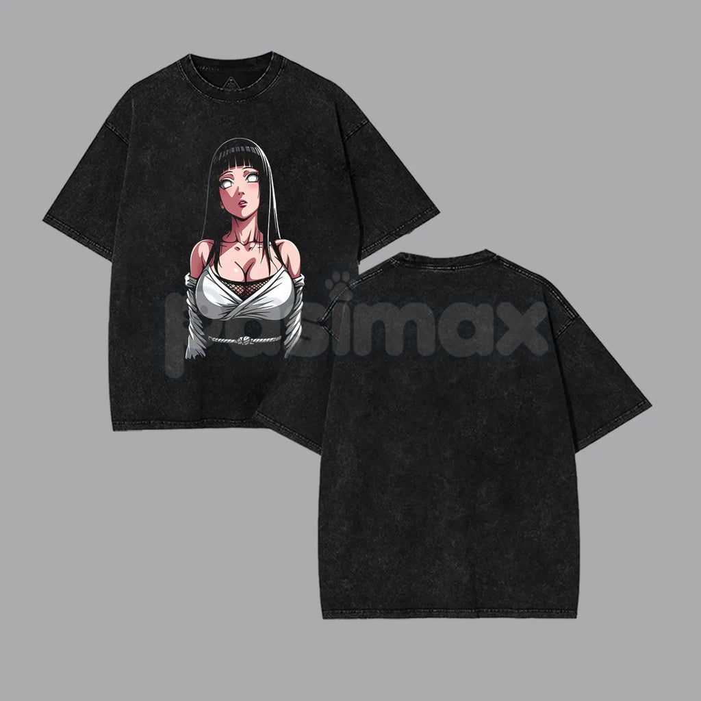 Pasimax Hinata Hyuga Naruto Double Printed Vintage Washed Tee – Byakugan Princess Retro Anime Streetwear — side view