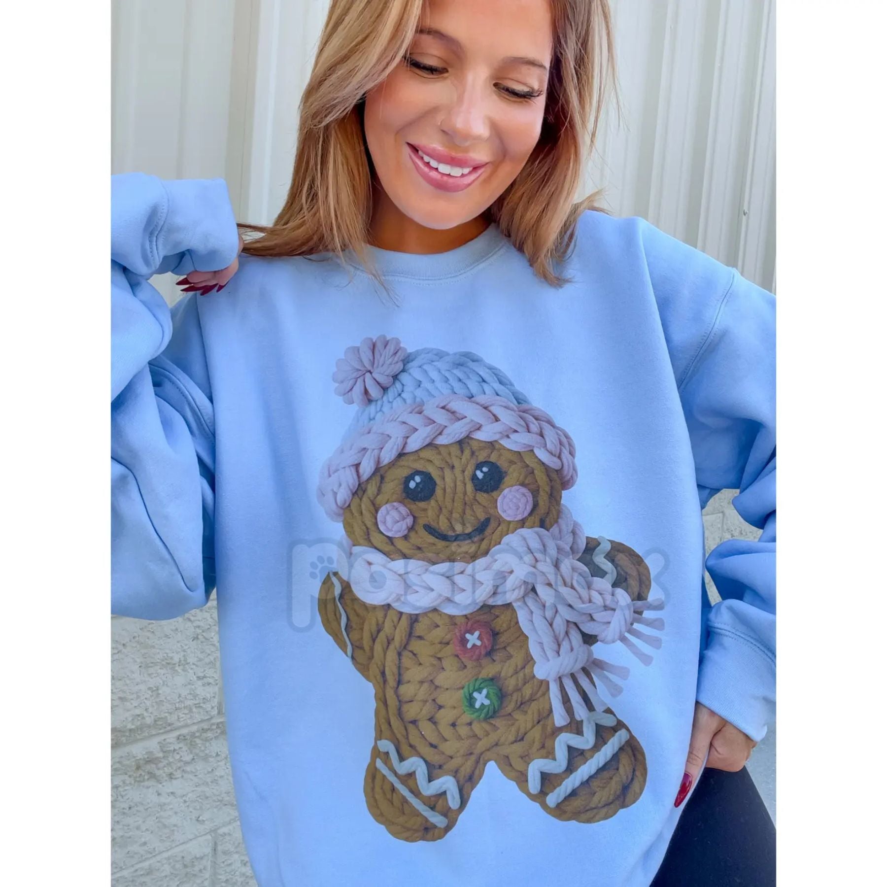 Pasimax Cute Yarn Gingerbread Graphic Top | Faux-Stitch Christmas Cookie Sweater | Cozy Holiday Apparel — side view