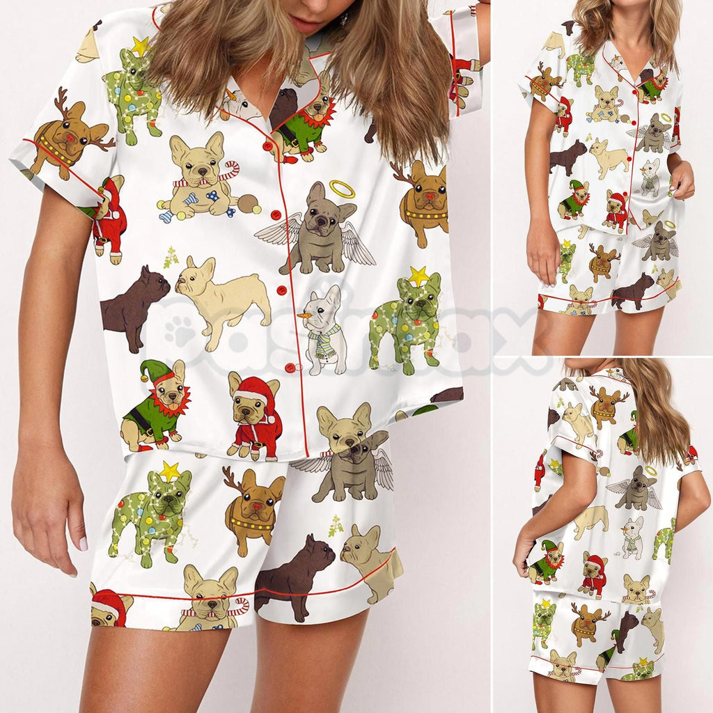 Pasimax Christmas French Bulldog Satin Pajama Set for Women - Comfy Silky Sleepwear & Loungewear PJs — lifestyle context