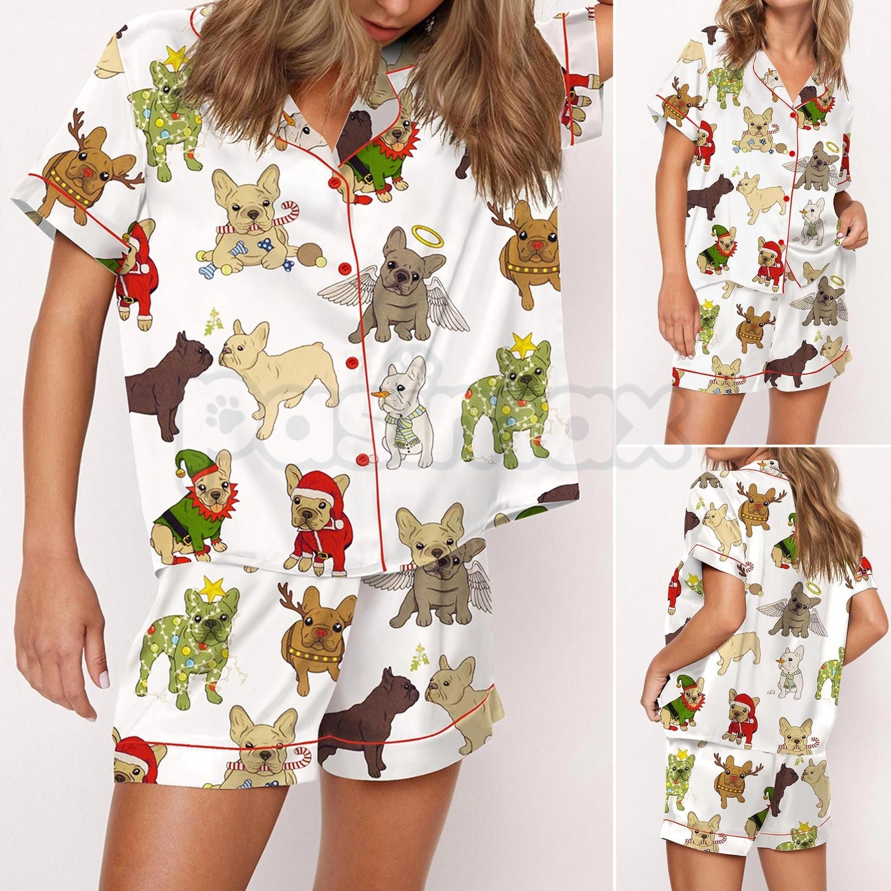 Pasimax Christmas French Bulldog Satin Pajama Set for Women - Comfy Silky Sleepwear & Loungewear PJs — lifestyle context