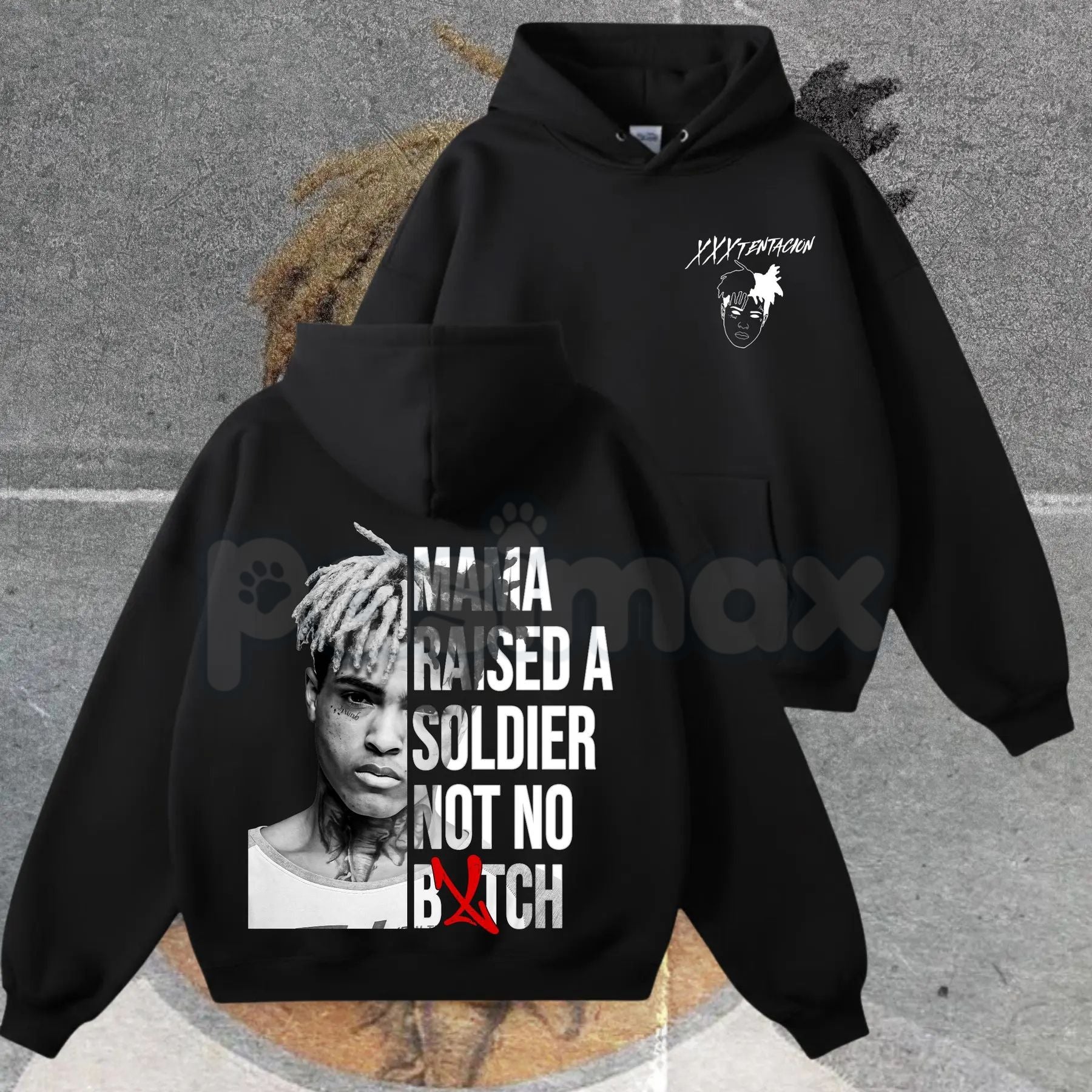 Pasimax XXXTentacion Hoodie – Mama Raised A Soldier Shirt, Vintage Rapper 2-Sided Graphic T-Shirt & Sweatshirt — side view