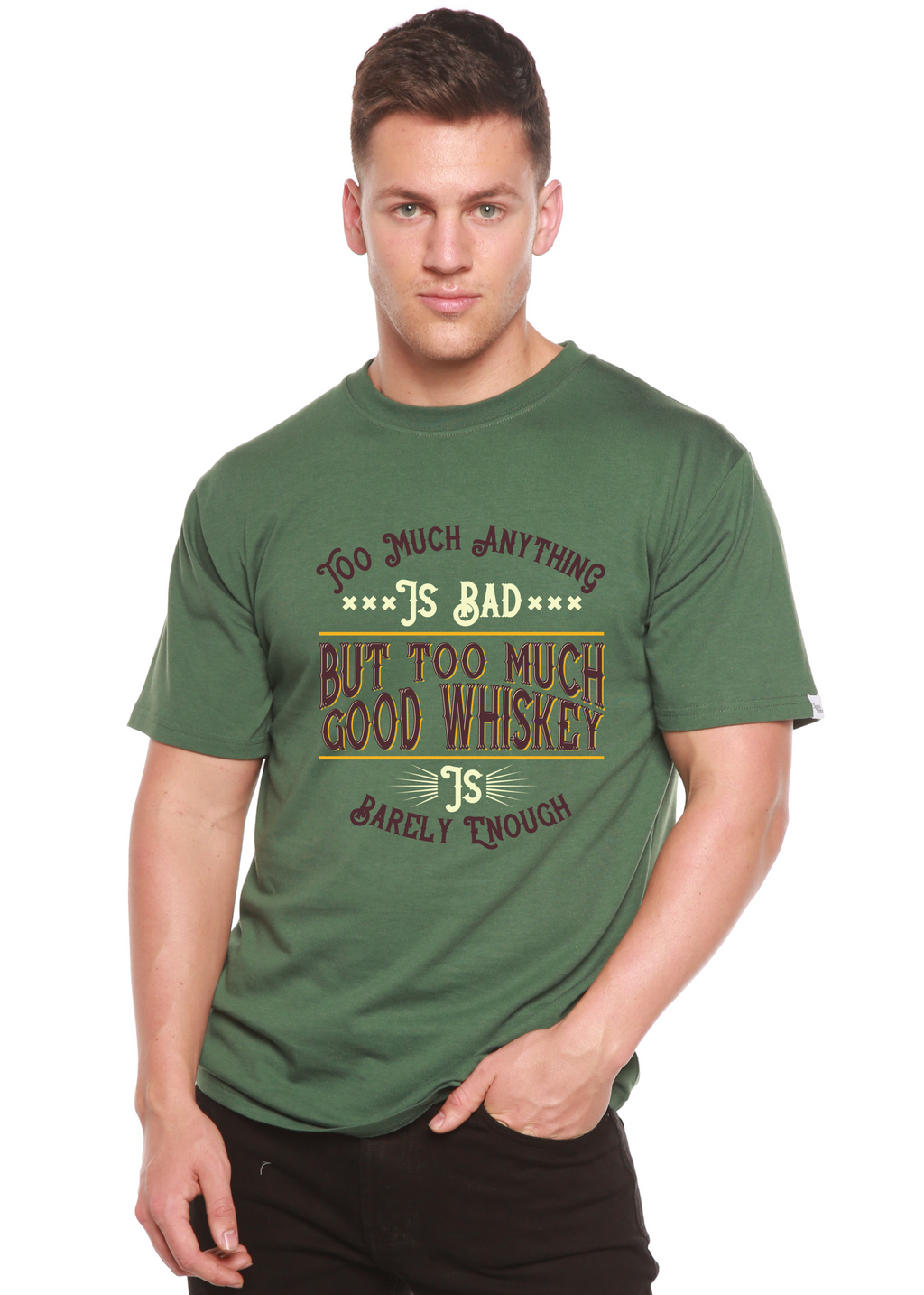 Spun Bamboo But Too Much Good Whiskey Men's Bamboo Viscose/Organic Cotton Short Sleeve Graphic T-Shirt — side view