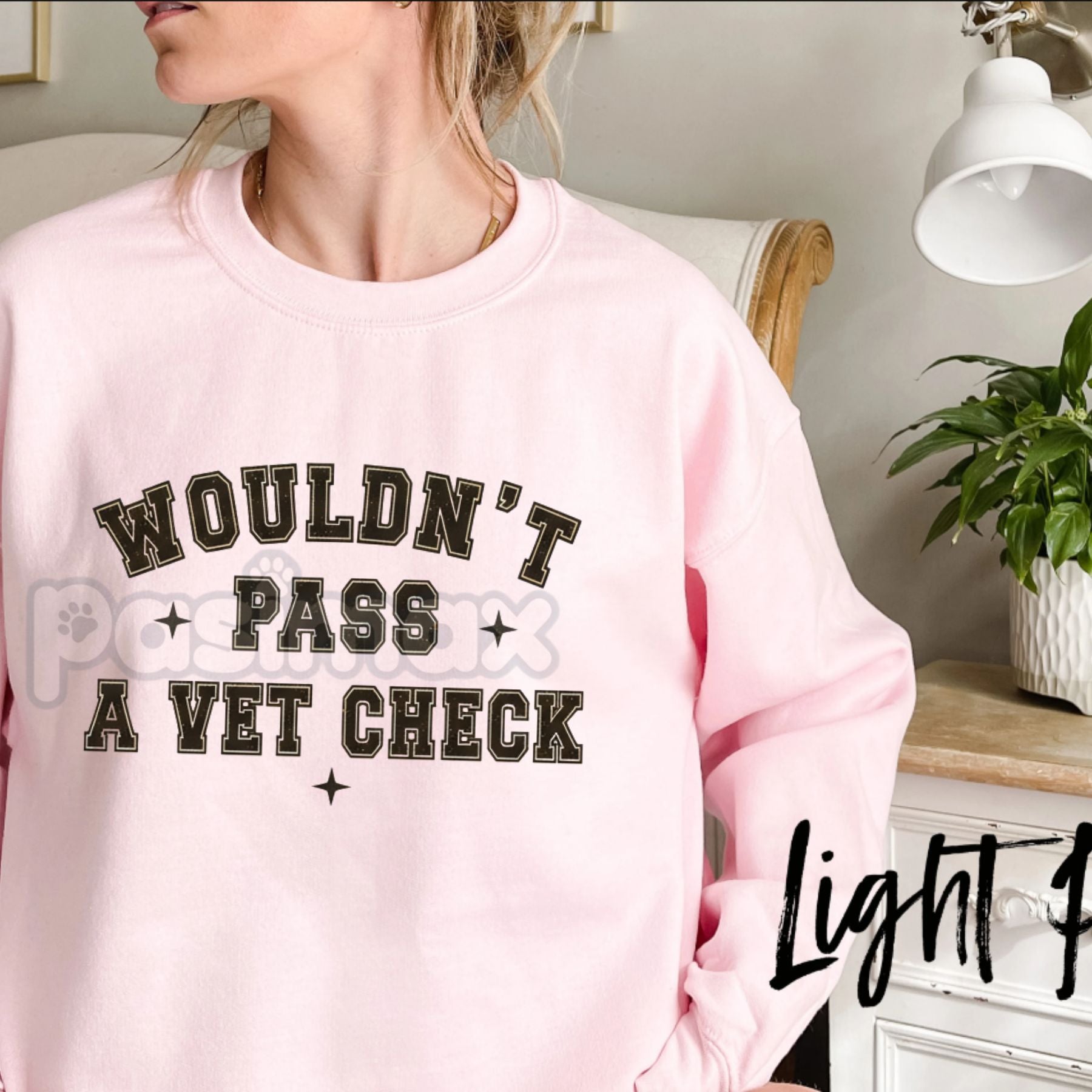Pasimax "Wouldn't Pass A Vet Check" Sweatshirt – Funny Sarcastic Vet Tech & Pet Lover Crewneck — side view