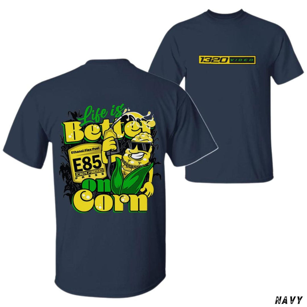 Pasimax 1320 Video "Corn Fuel" T-Shirt - Fun E85 Ethanol Graphic Tee, Street Racing Apparel — side view