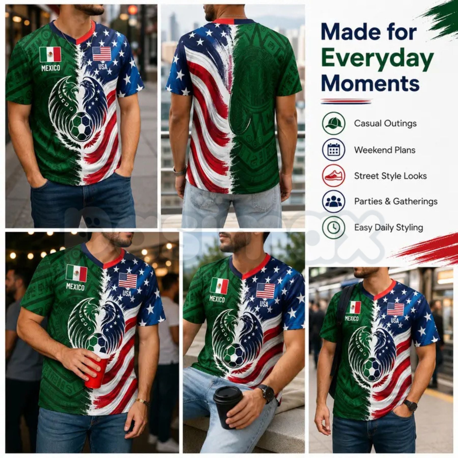 Split Half Mexico Green Tribal & US Stars Stripes Athletic V-Neck Shirt – Dual Heritage Soccer Jersey