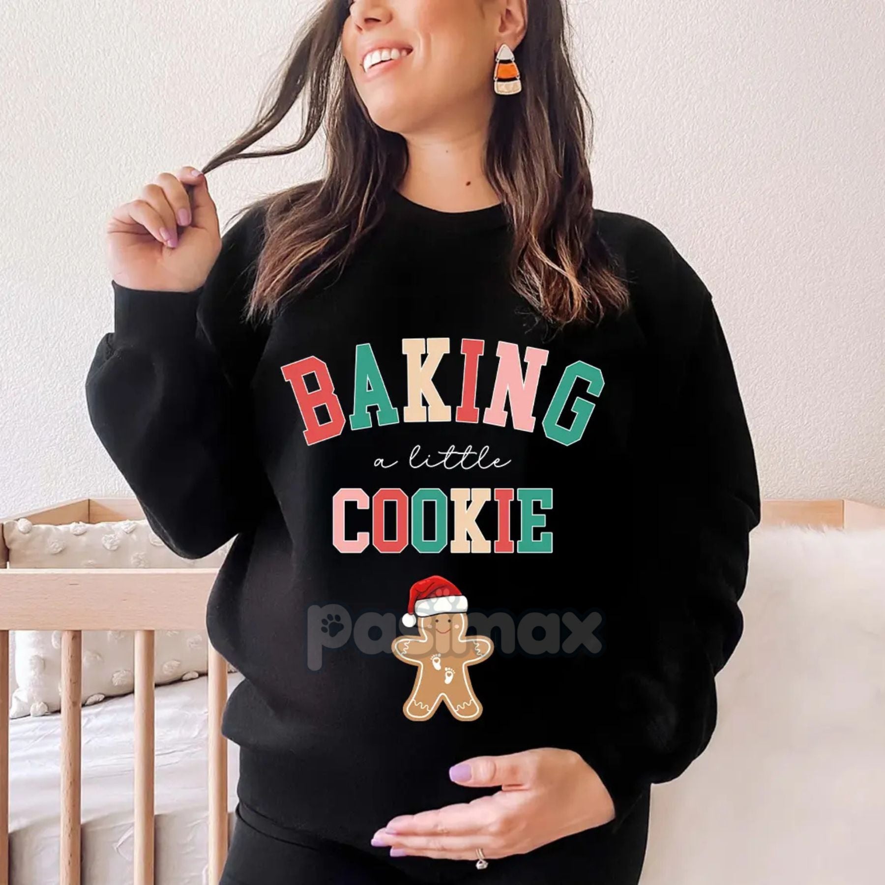 Pasimax Baking a Little Cookie Pregnancy Announcement Sweatshirt — side view