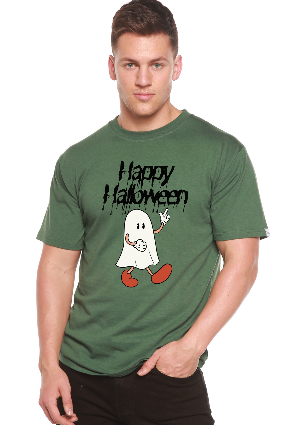 Spun Bamboo Happy Halloween Men's Bamboo Viscose/Organic Cotton Short Sleeve Graphic T-Shirt — detail close-up
