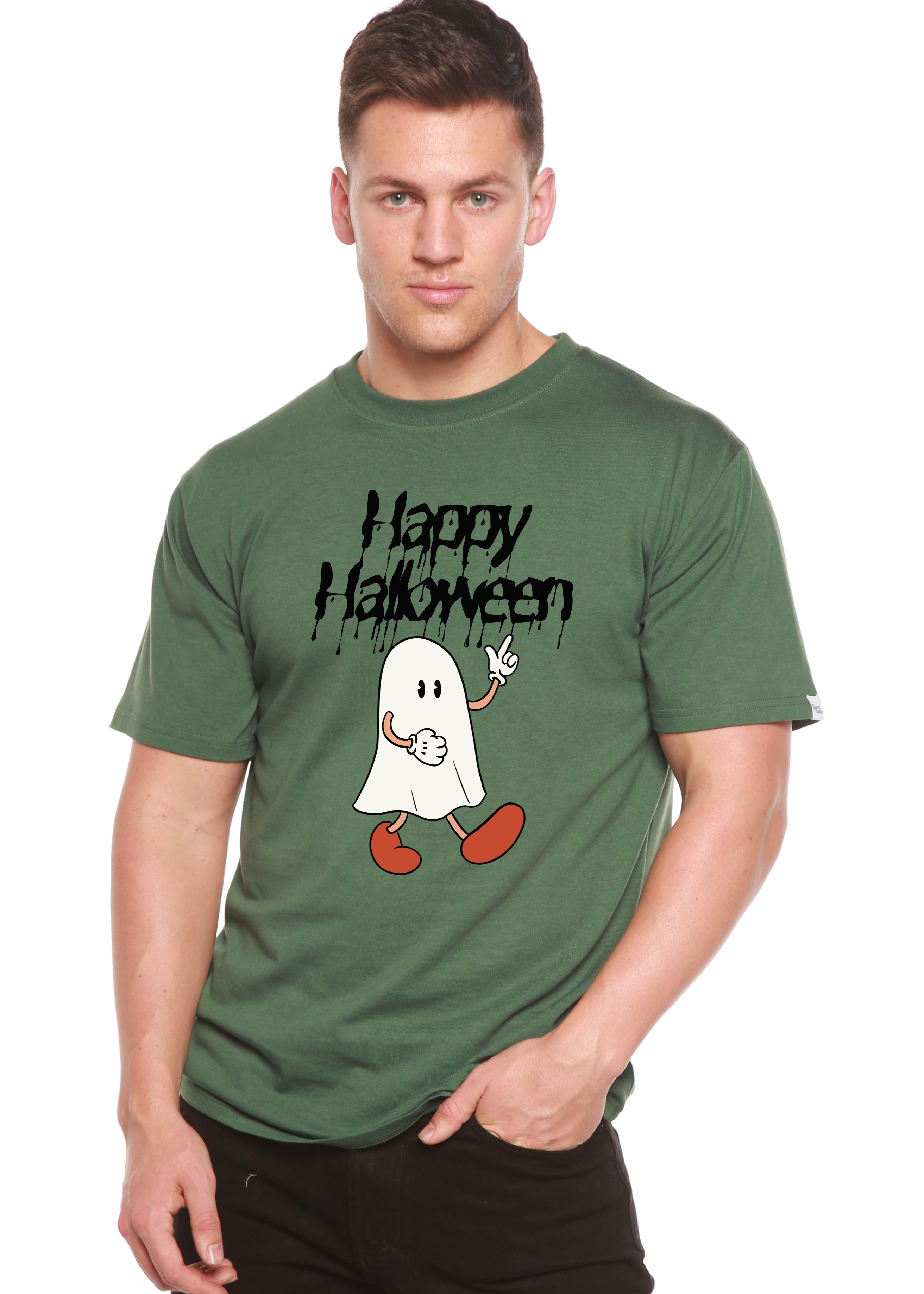 Spun Bamboo Happy Halloween Men's Bamboo Viscose/Organic Cotton Short Sleeve Graphic T-Shirt — detail close-up