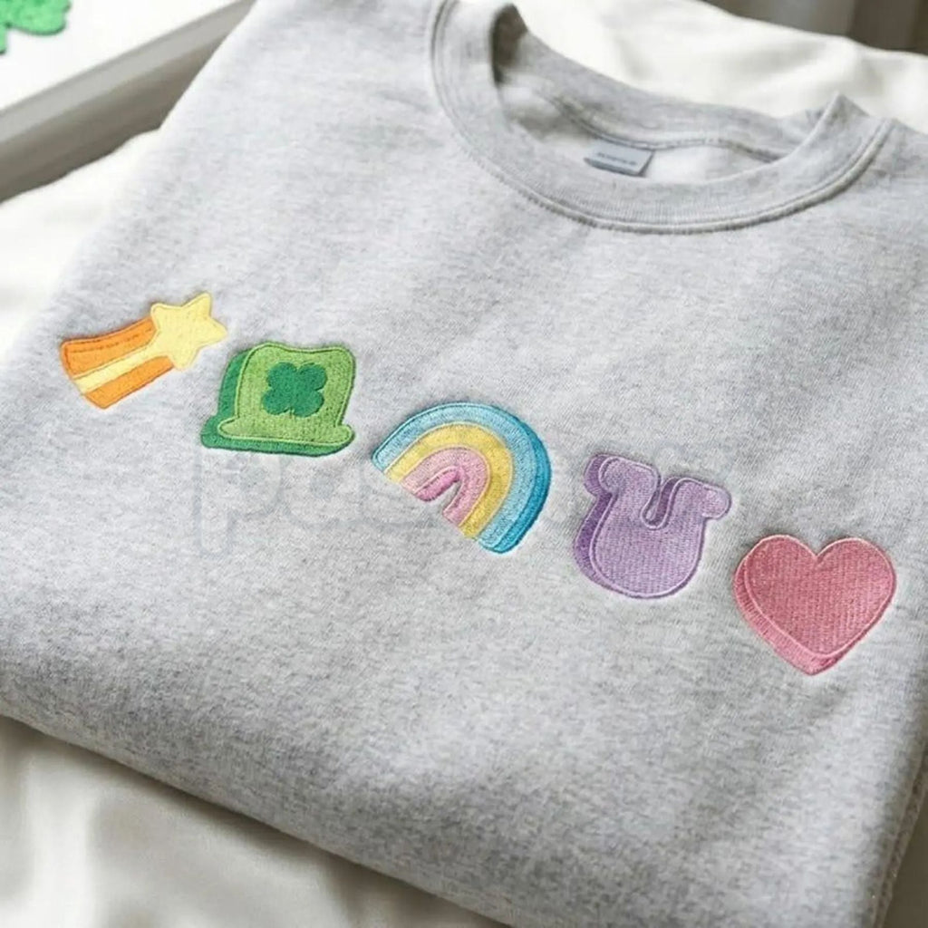 Pasimax Embroidered Lucky Charm Sweatshirt – St. Patrick’s Day Shamrock & Rainbow Crewneck — side view