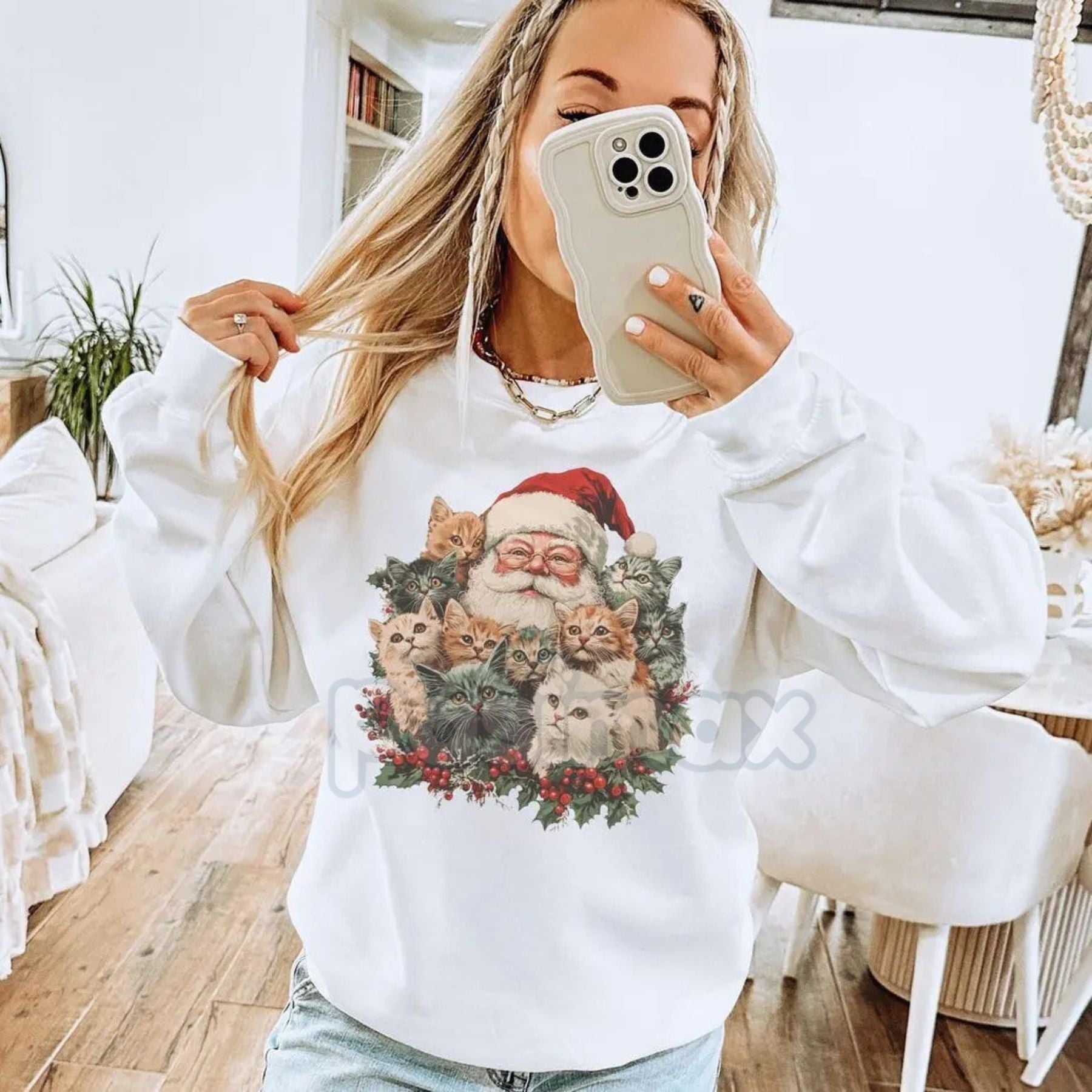 Pasimax Retro Santa Claus and Kittens Christmas Sweatshirt – Vintage Winter Holiday Crewneck — side view