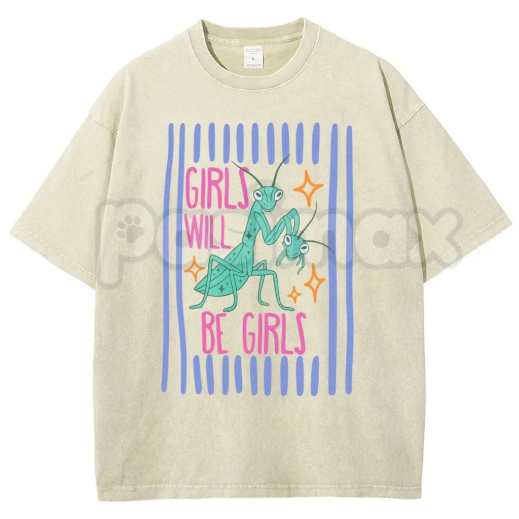 Girls Will Be Girls Mantis T-Shirt – Funny Retro Cartoon Graphic Tee, Vintage Washed Praying Mantis Lightweight Cotton Indie Aesthetic Top