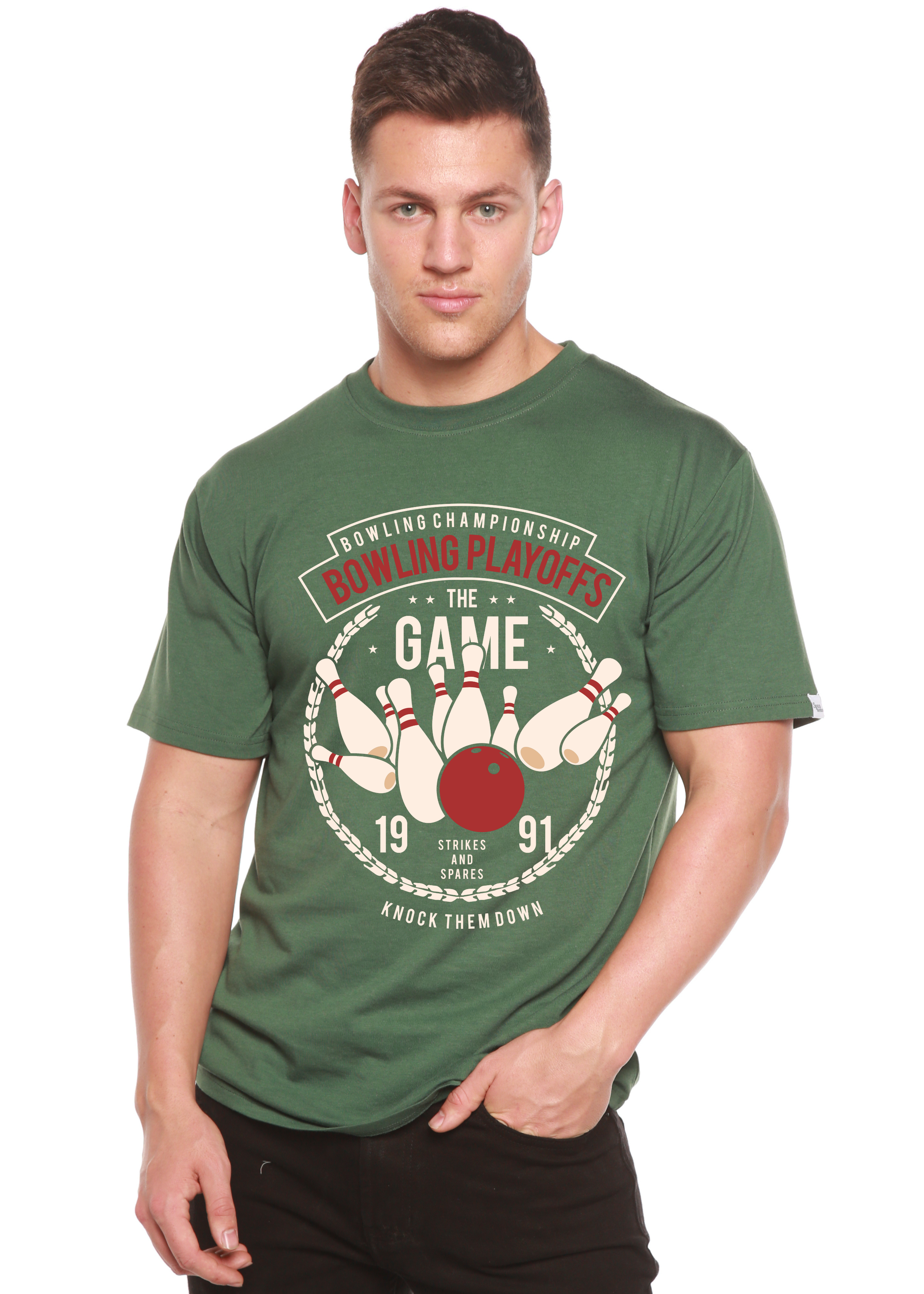 Spun Bamboo Bowling Playoffs Men's Bamboo Viscose/Organic Cotton Short Sleeve Graphic T-Shirt — alternative angle