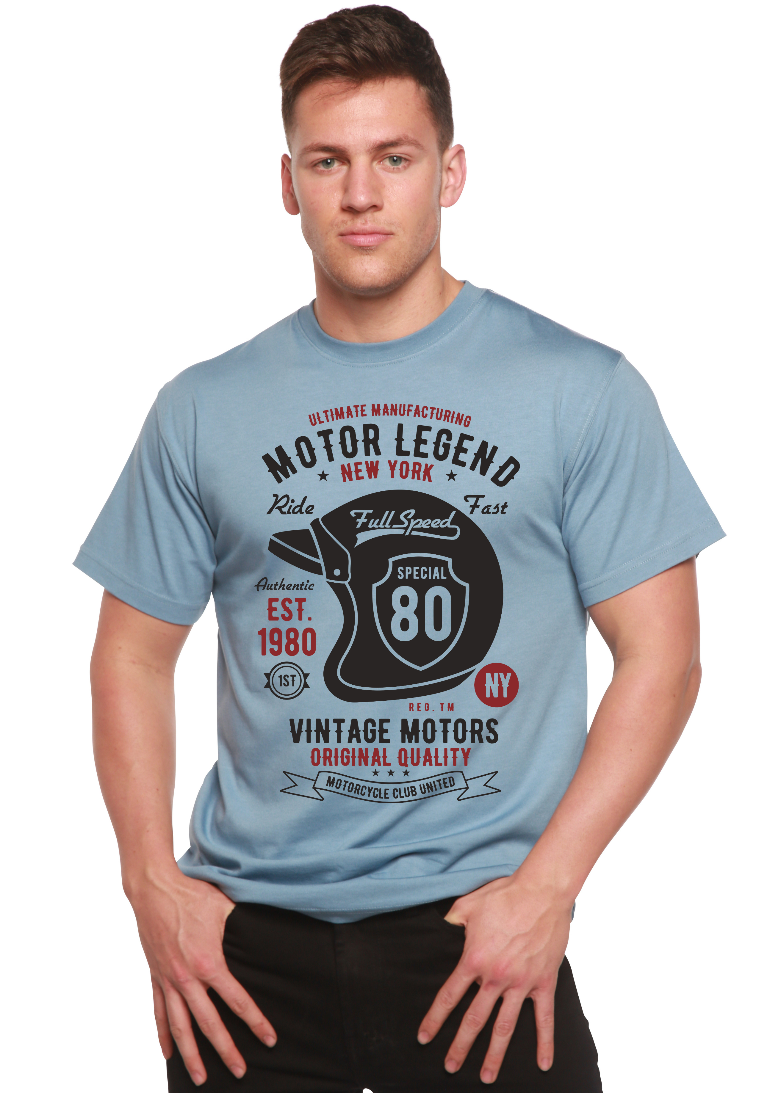 Spun Bamboo Motor Legend Helmet Men's Bamboo Viscose/Organic Cotton Short Sleeve Graphic T-Shirt — alternative angle