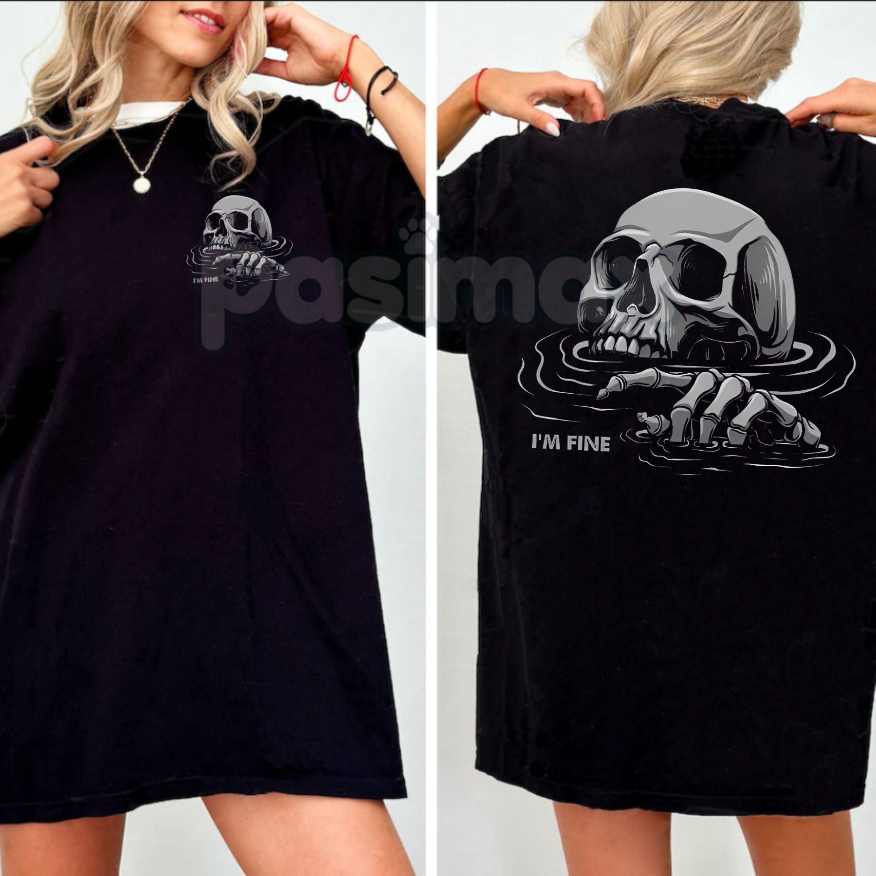 Pasimax "I'M FINE" Drowning Skull Black Print T-Shirt - Gothic Humor Graphic Tee, Sarcastic Men's Apparel, Dark Aesthetic Sku