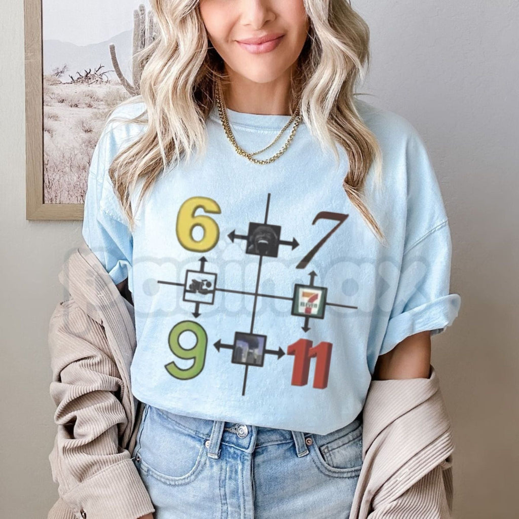Funny 69 67 9/11 7-11 Meme T-Shirt – Sarcastic Gen Z Absurdist Numeric Graphic Tee