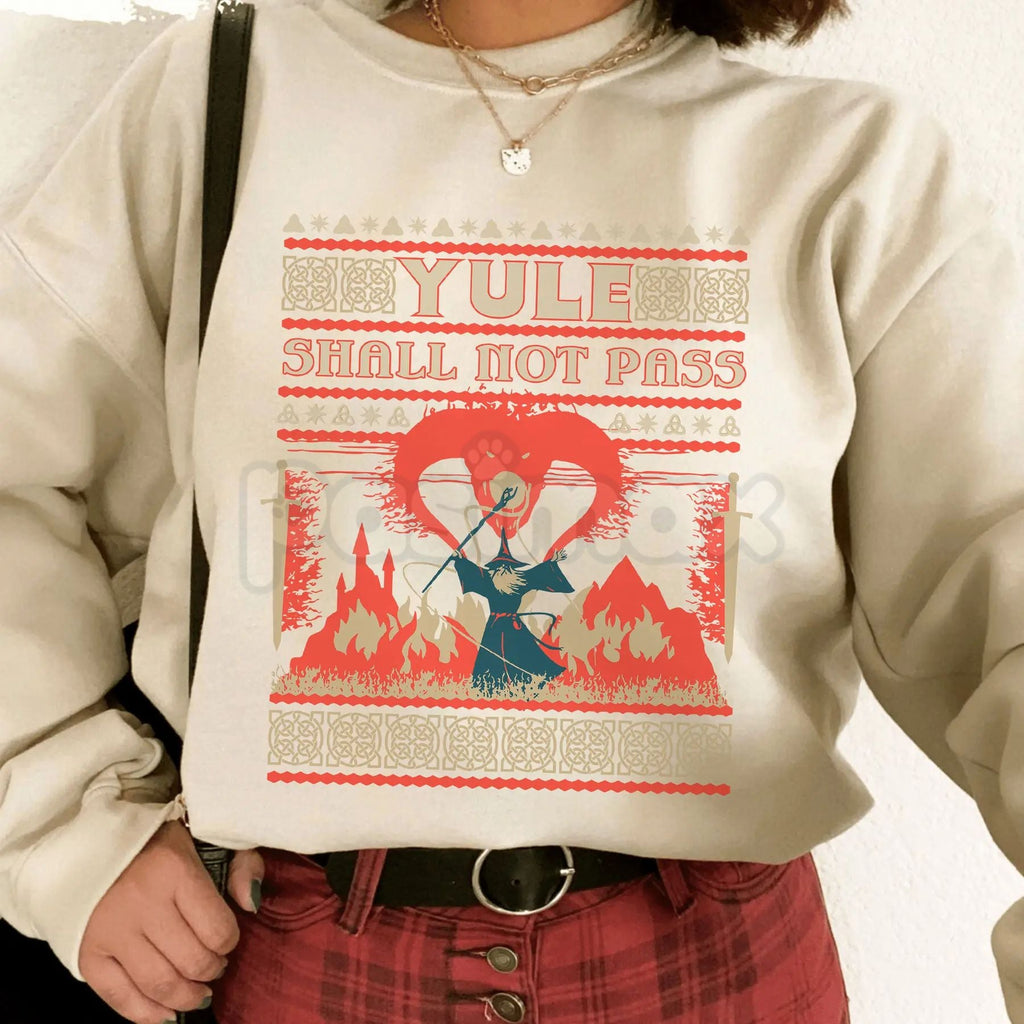 Pasimax 'Yule Shall Not Pass' Heavy Metal Sweatshirt | Balrog Death Metal Font LOTR Ugly Christmas Sweater — side view