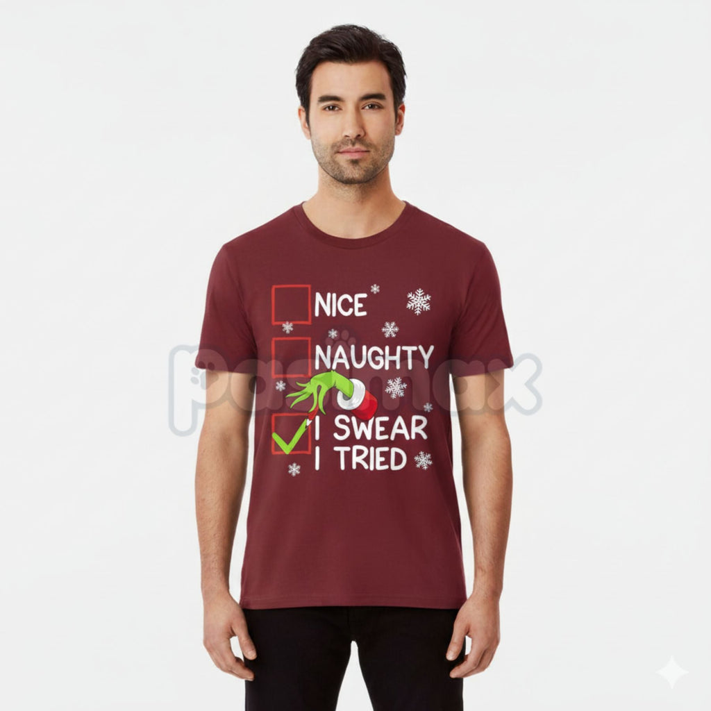 Pasimax Groovy Naughty "I Swear I Tried" Christmas Holiday Unisex Tee - Funny Self-Aware Slogan Shirt, Retro Christmas Humor 