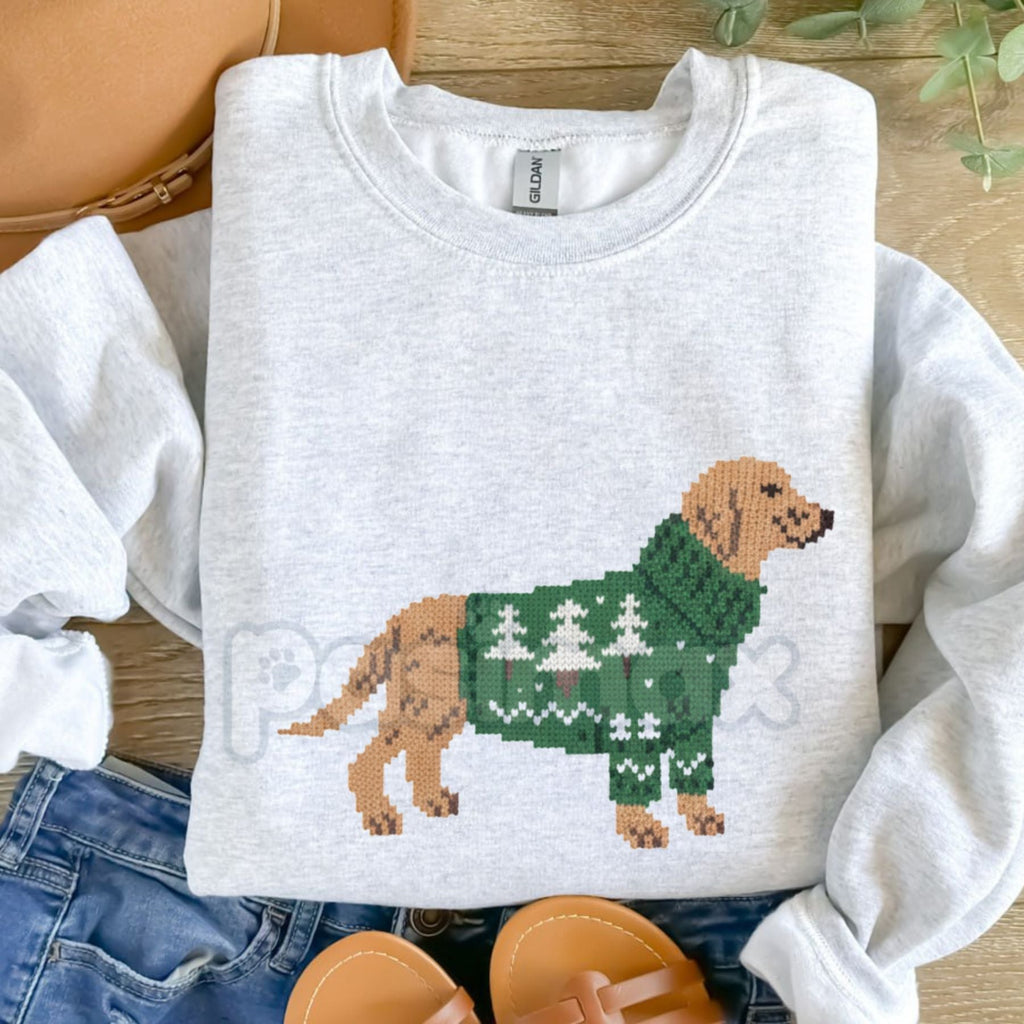Pasimax Brinkley Dog in Holiday Sweater Pullover – Cute Festive Pet Graphic Sweatshirt — detail close-up