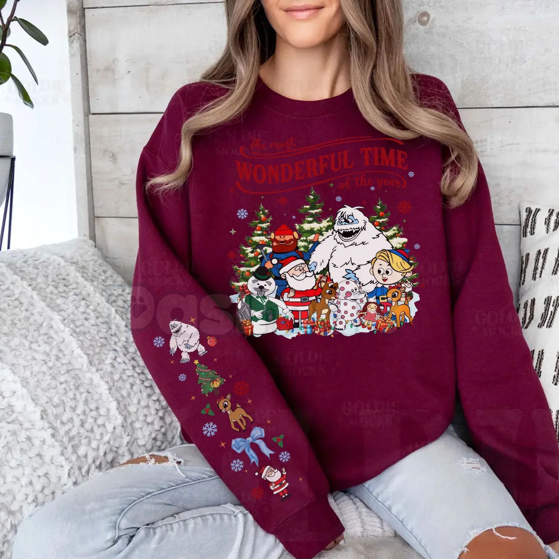 Pasimax Vintage Rudolph the Red-Nosed Reindeer Crewneck – Christmas Sleeve Print Sweatshirt — side view