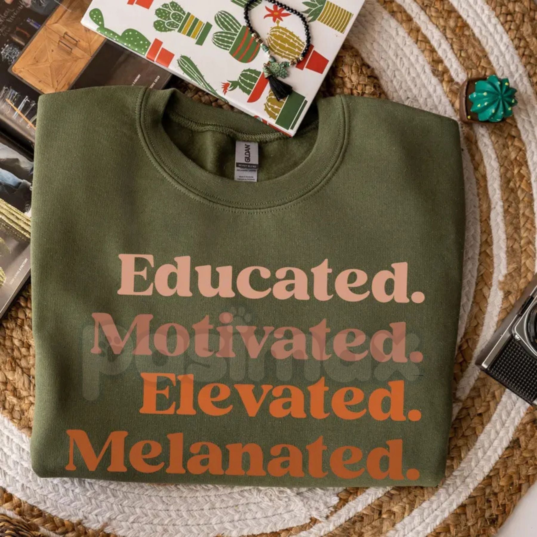 Pasimax Educated Motivated Elevated Melanated Crewneck | Minimalist Black Excellence Sweatshirt | Aesthetic Melanated Queen P