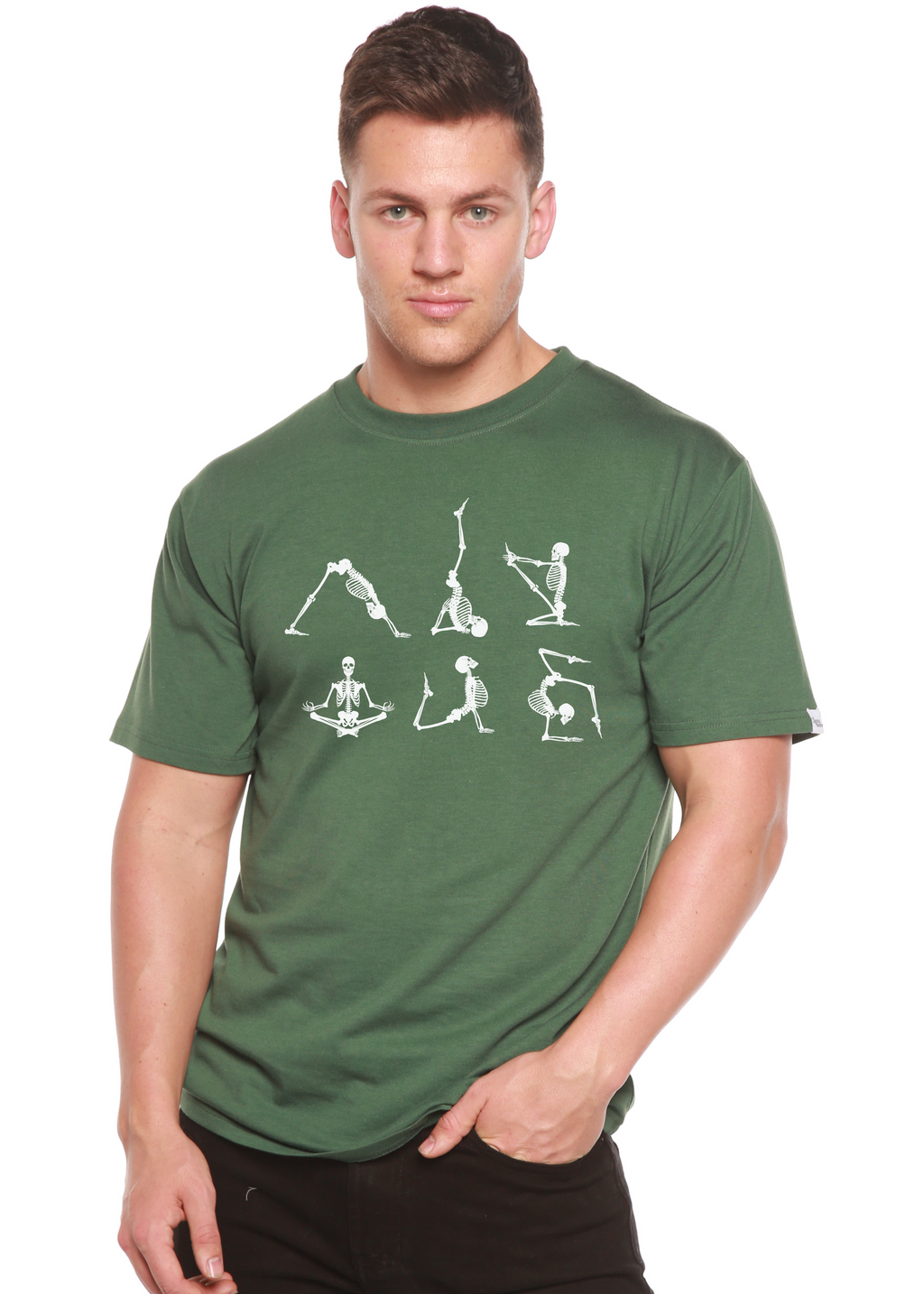 Spun Bamboo Halloween Skeleton Namaste Men's Bamboo Viscose/Organic Cotton Short Sleeve Graphic T-Shirt — back view