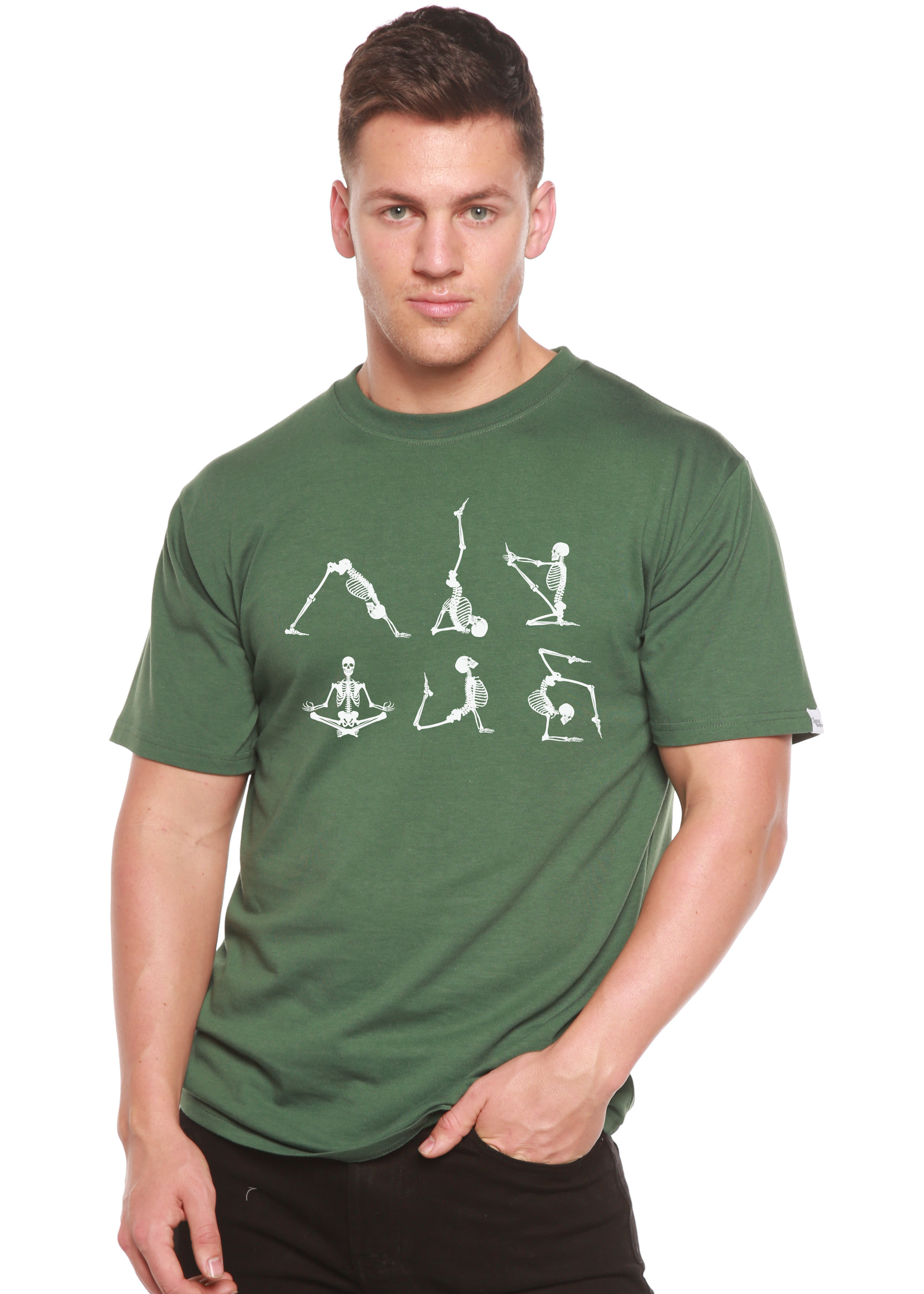 Spun Bamboo Halloween Skeleton Namaste Men's Bamboo Viscose/Organic Cotton Short Sleeve Graphic T-Shirt — back view