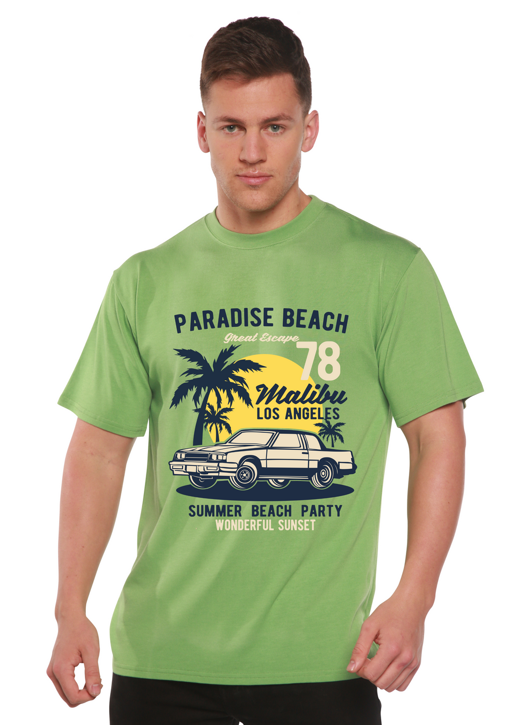 Spun Bamboo Paradise Beach Spun Bamboo® Men's Bamboo Viscose/Organic Cotton Short Sleeve Graphic T-Shirt — detail close-up