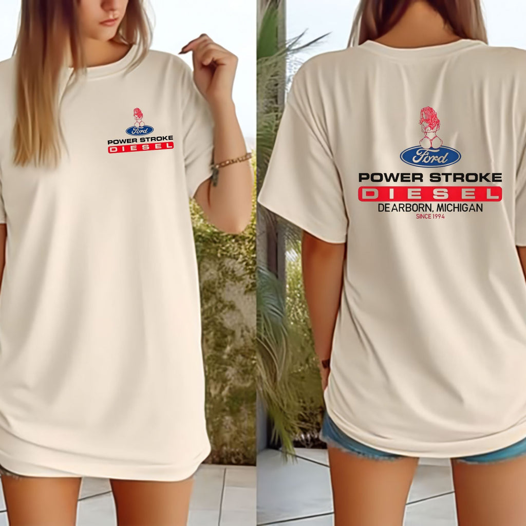 Pasimax Power Stroke Logo T-Shirt with Lady Graphic — side view