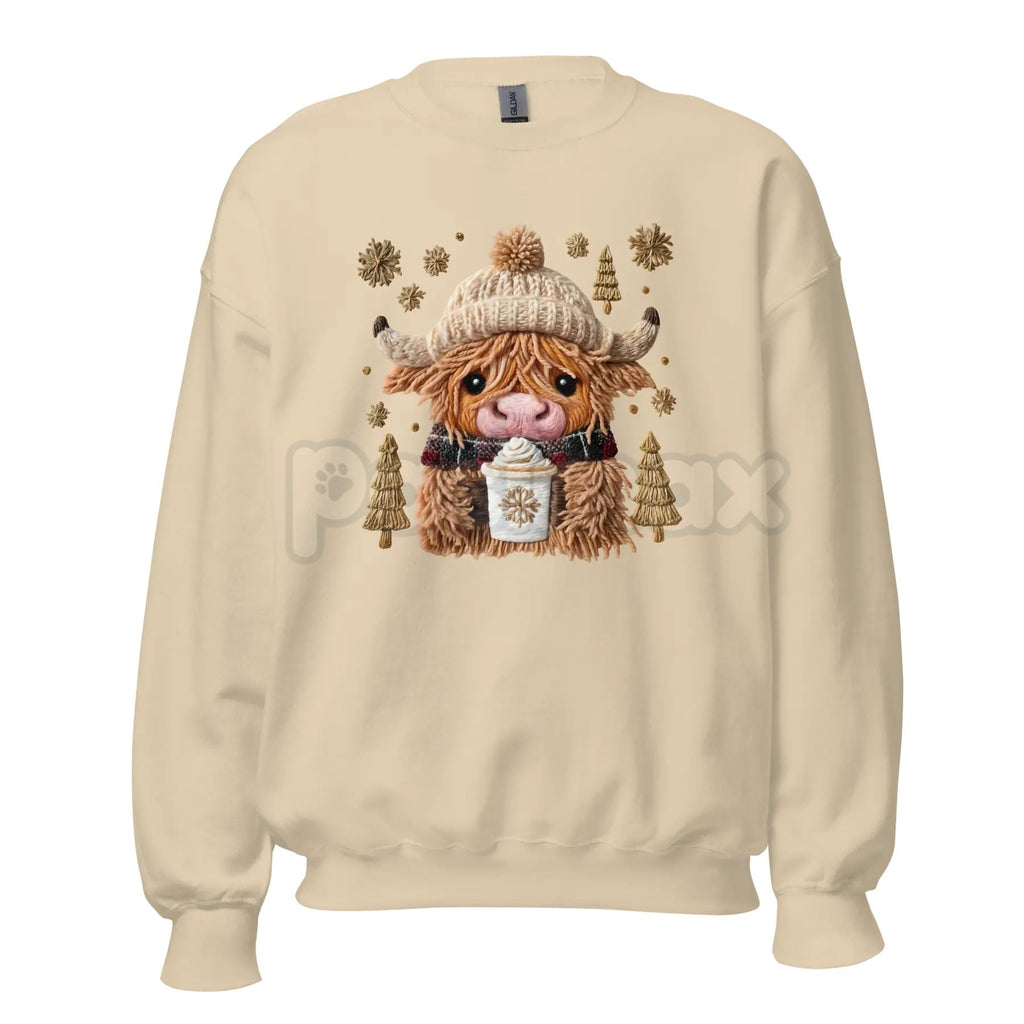 Pasimax Hazel the Highland Cow Crewneck Sweatshirt | Cute Hairy Coo Graphic Top | Farm Animal Unisex Sweater — side view