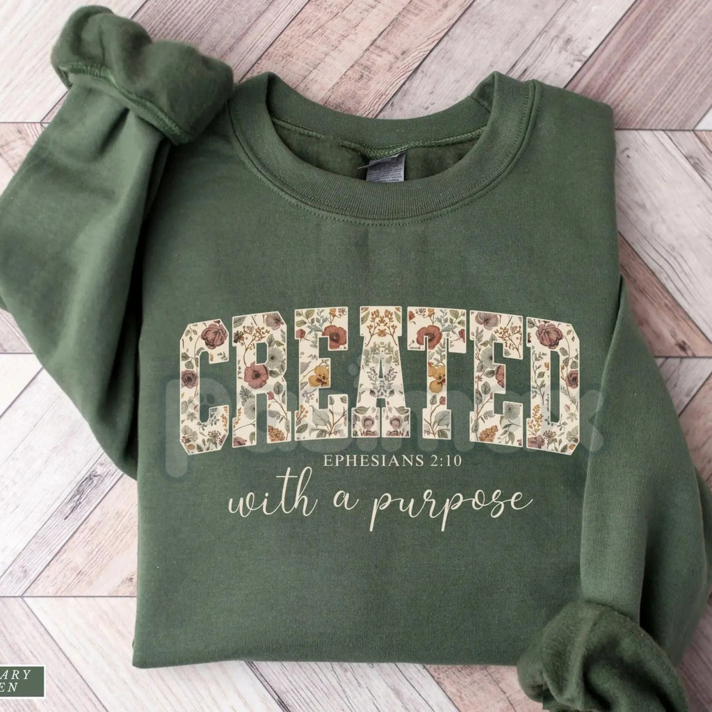 Pasimax Created with a Purpose Floral Sweatshirt | Inspirational Affirmation Jumper | Motivational Flower Graphic Crewneck | 