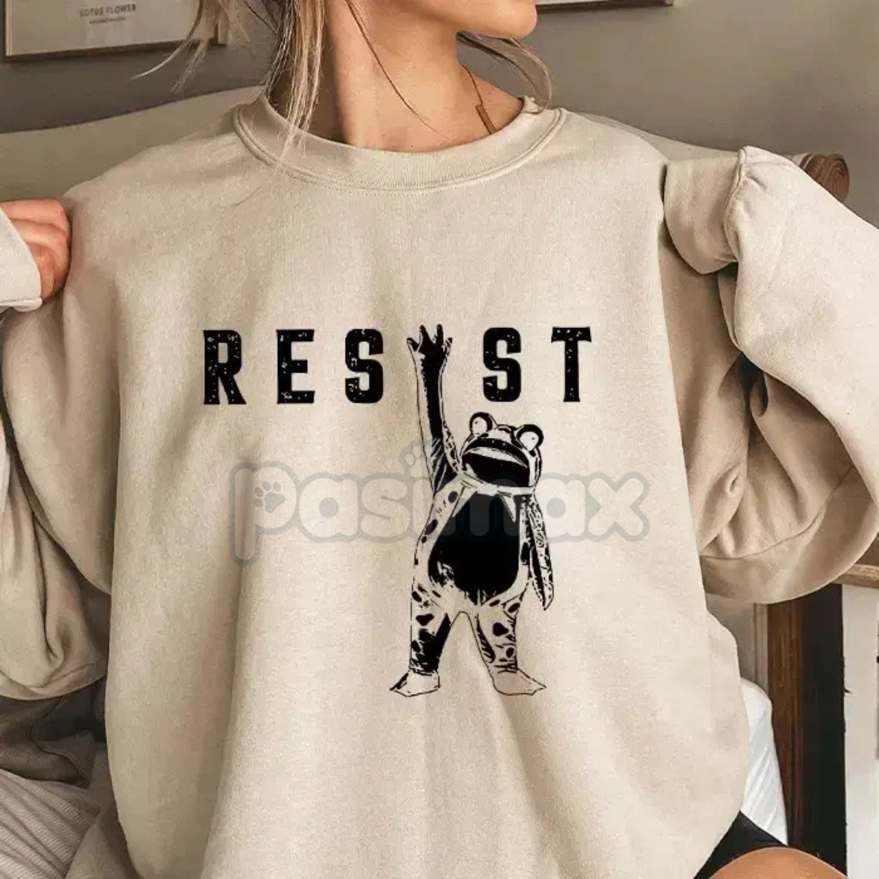 Pasimax Resist Frog Rage Against The Machine Sweatshirt – I Stand With Frog Political Satire Crewneck — side view