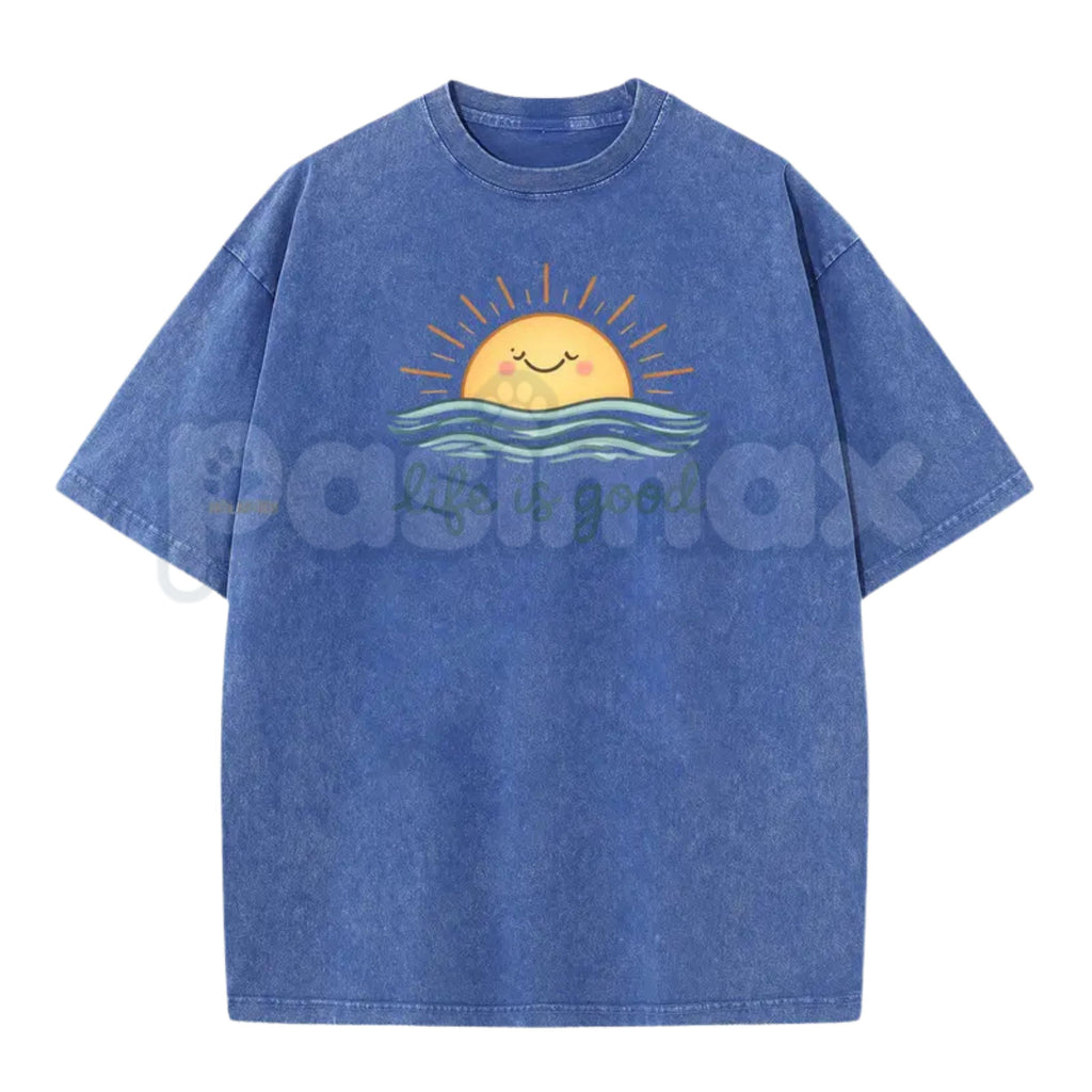 Life is Good Vintage Washed T-Shirt – Retro Crew Neck Graphic Tee, Positive Vibes Lightweight Cotton Top, Sincere Inspirational Streetwear