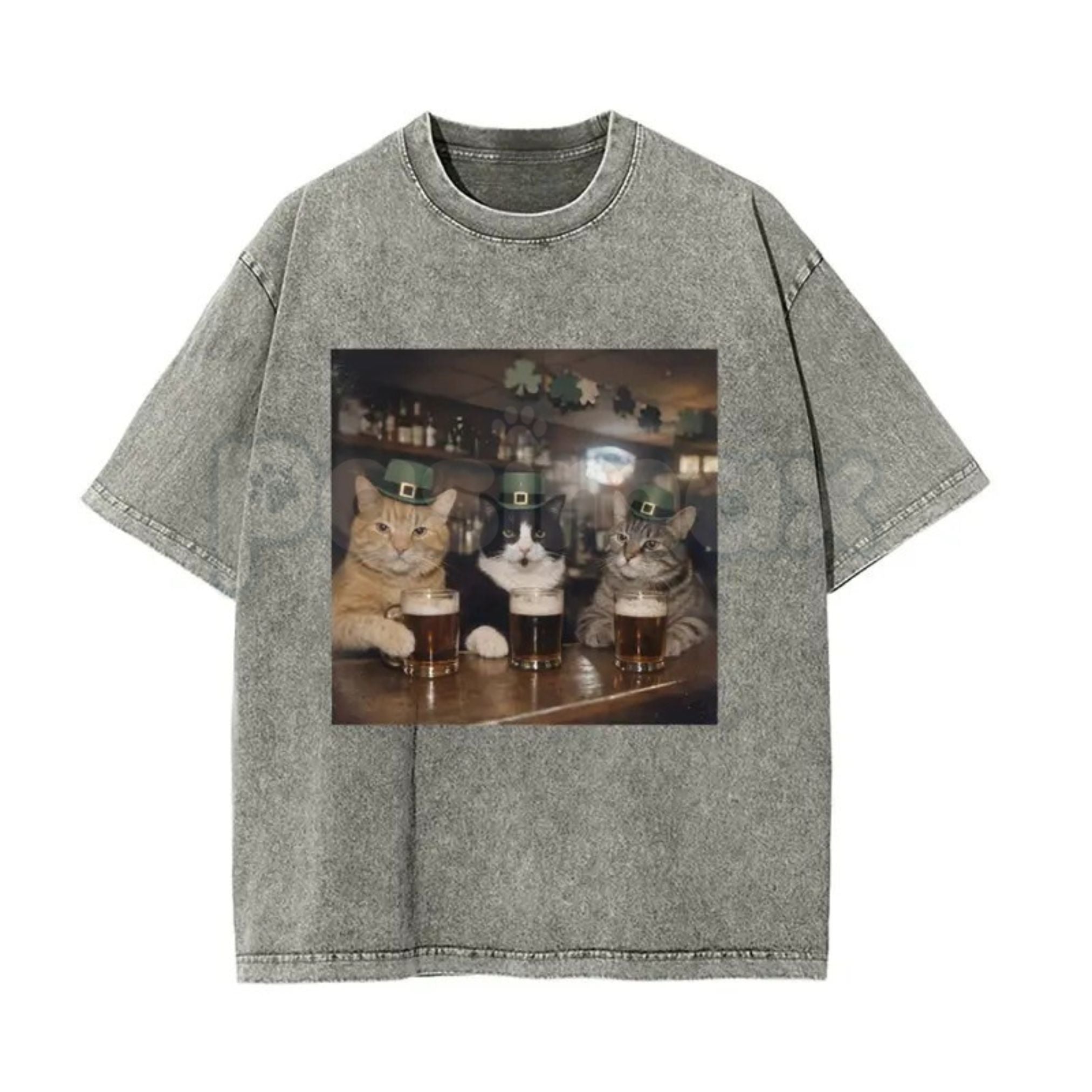 Pasimax Unisex Cat Vintage Shamrock Washed T-Shirt – Funny Lucky Cat St. Patrick’s Day Graphic Tee — side view