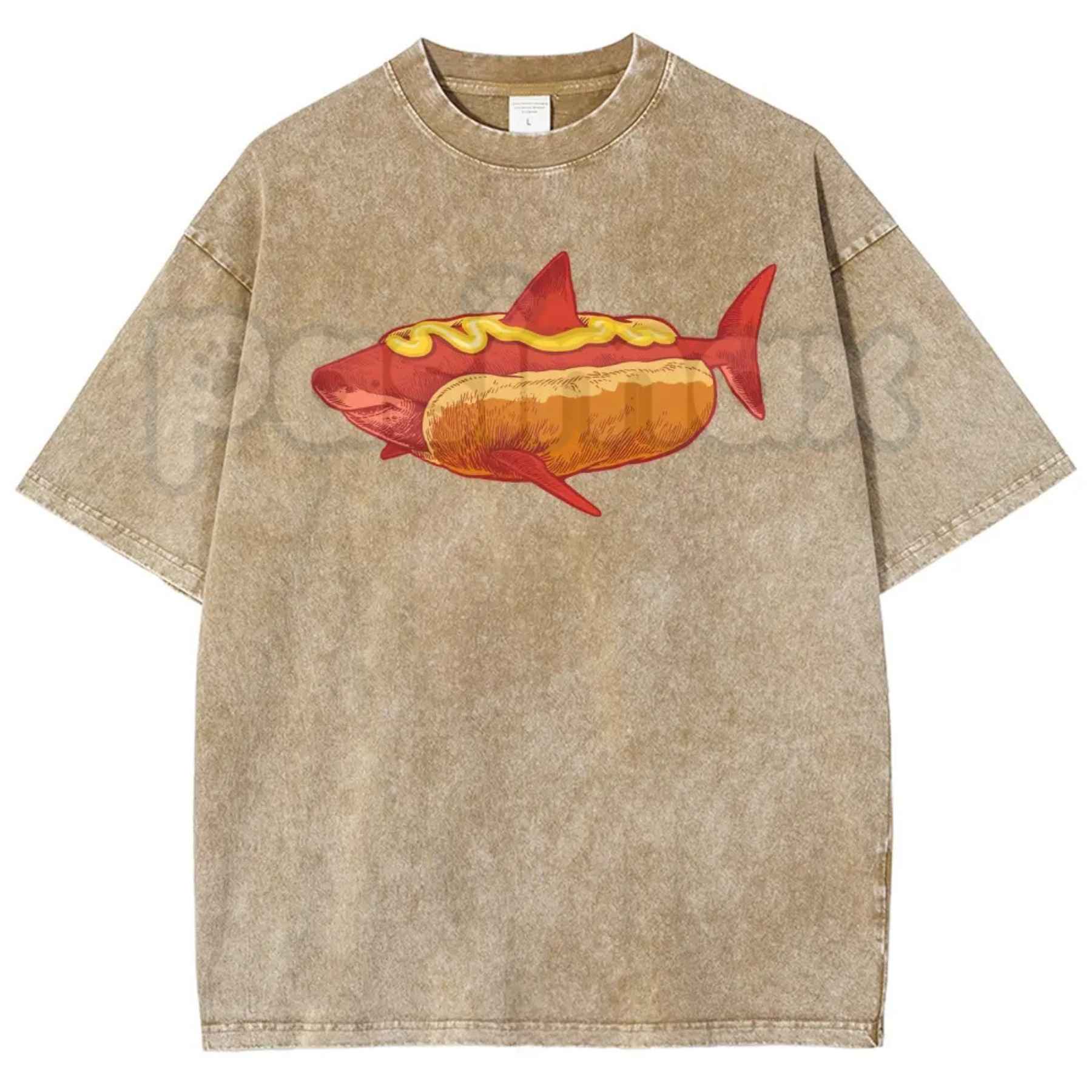 Shark Hotdog Funny Food Meme T-Shirt – Retro Weirdcore Graphic Tee, Vintage Washed Lightweight Cotton Unisex Streetwear Top