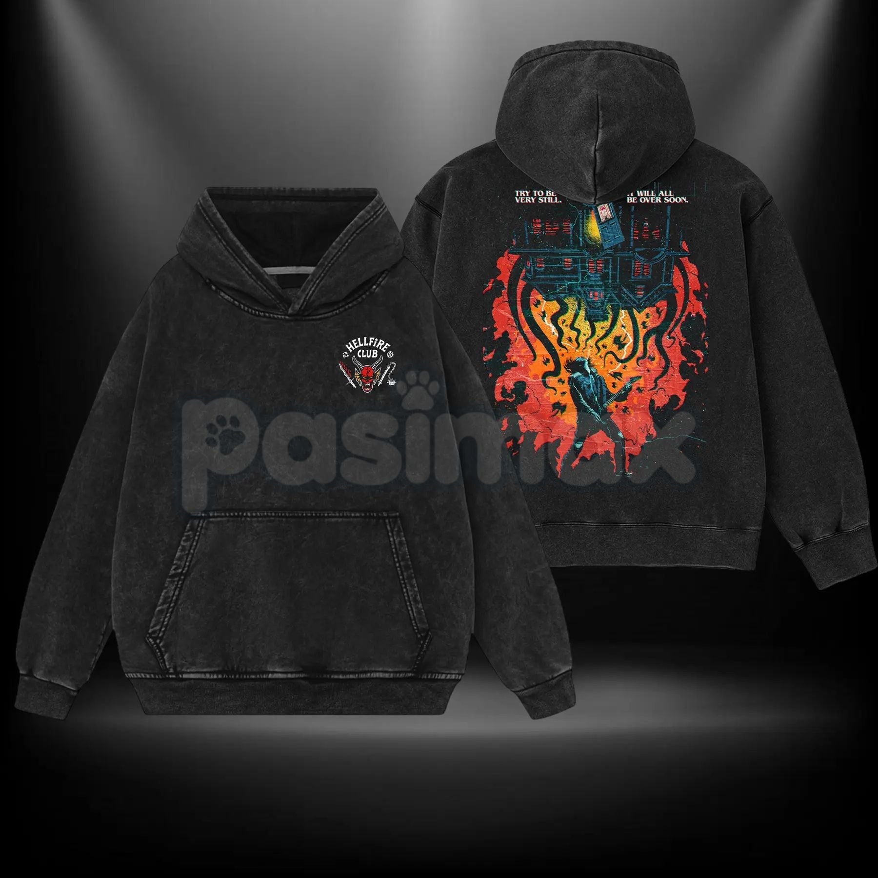 Pasimax Eddie Munson Hellfire Club T-Shirt – Double Printed Acid Washed Oversize Tee, Stranger Things Inspired — side view