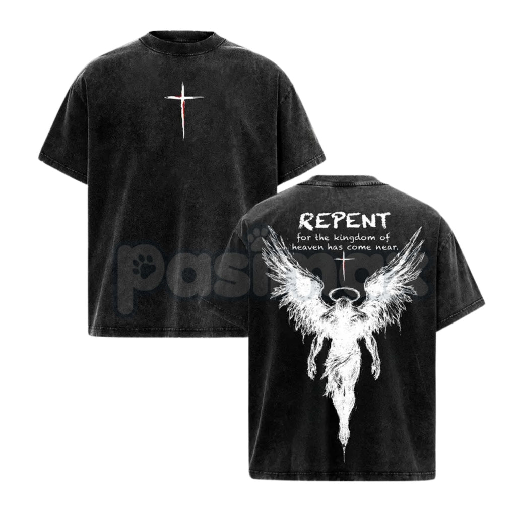 Pasimax The Kingdom Mandate: Repent Vintage Washed Tee – Heavy Cotton Christian Streetwear, Gospel Angel Wings Shirt — side v