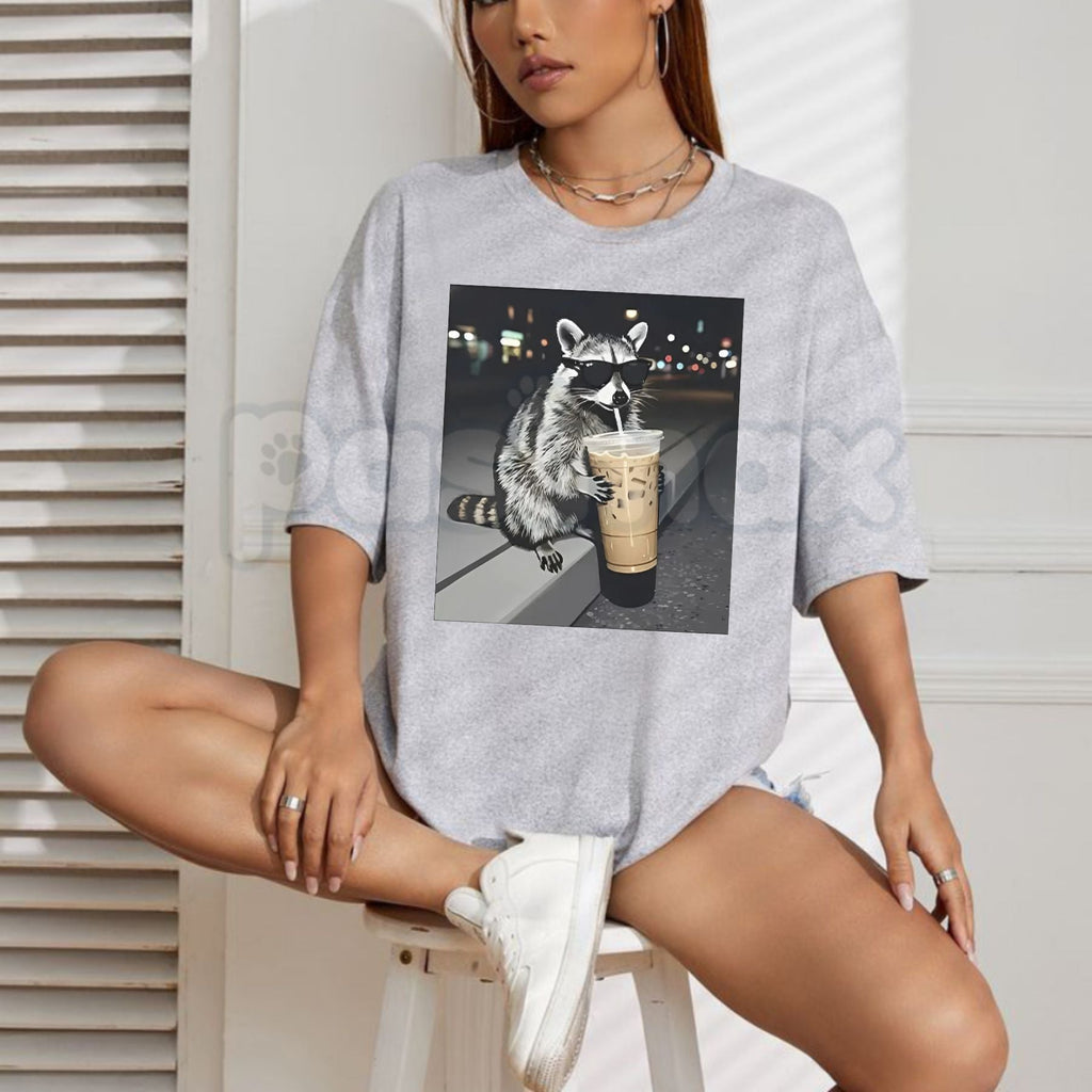 Pasimax Funny Raccoon Drinking Iced Coffee T-Shirt - Caffeinated Trash Panda Graphic Tee, Relatable Iced Coffee Lover Shirt, 