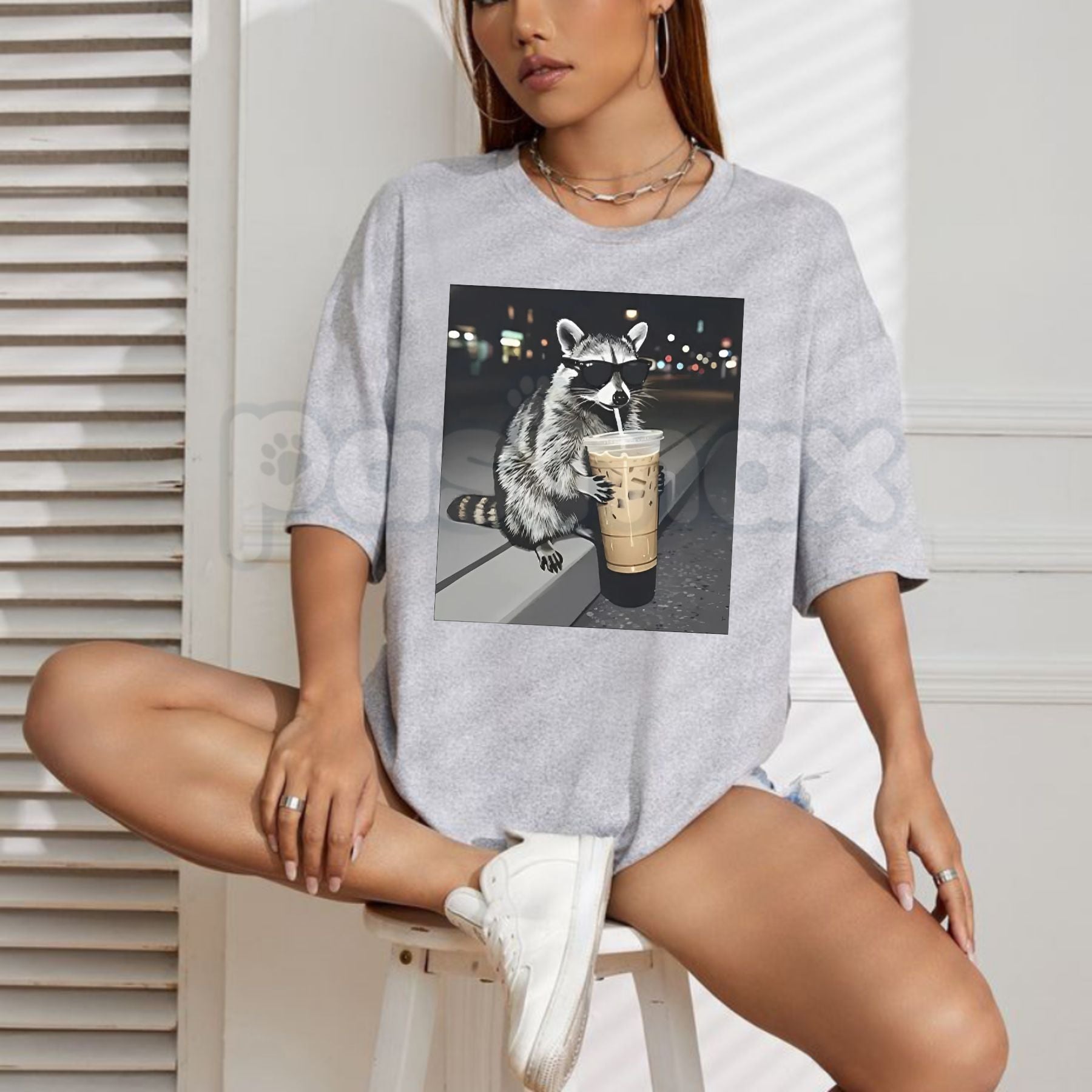 Pasimax Funny Raccoon Drinking Iced Coffee T-Shirt - Caffeinated Trash Panda Graphic Tee, Relatable Iced Coffee Lover Shirt, 