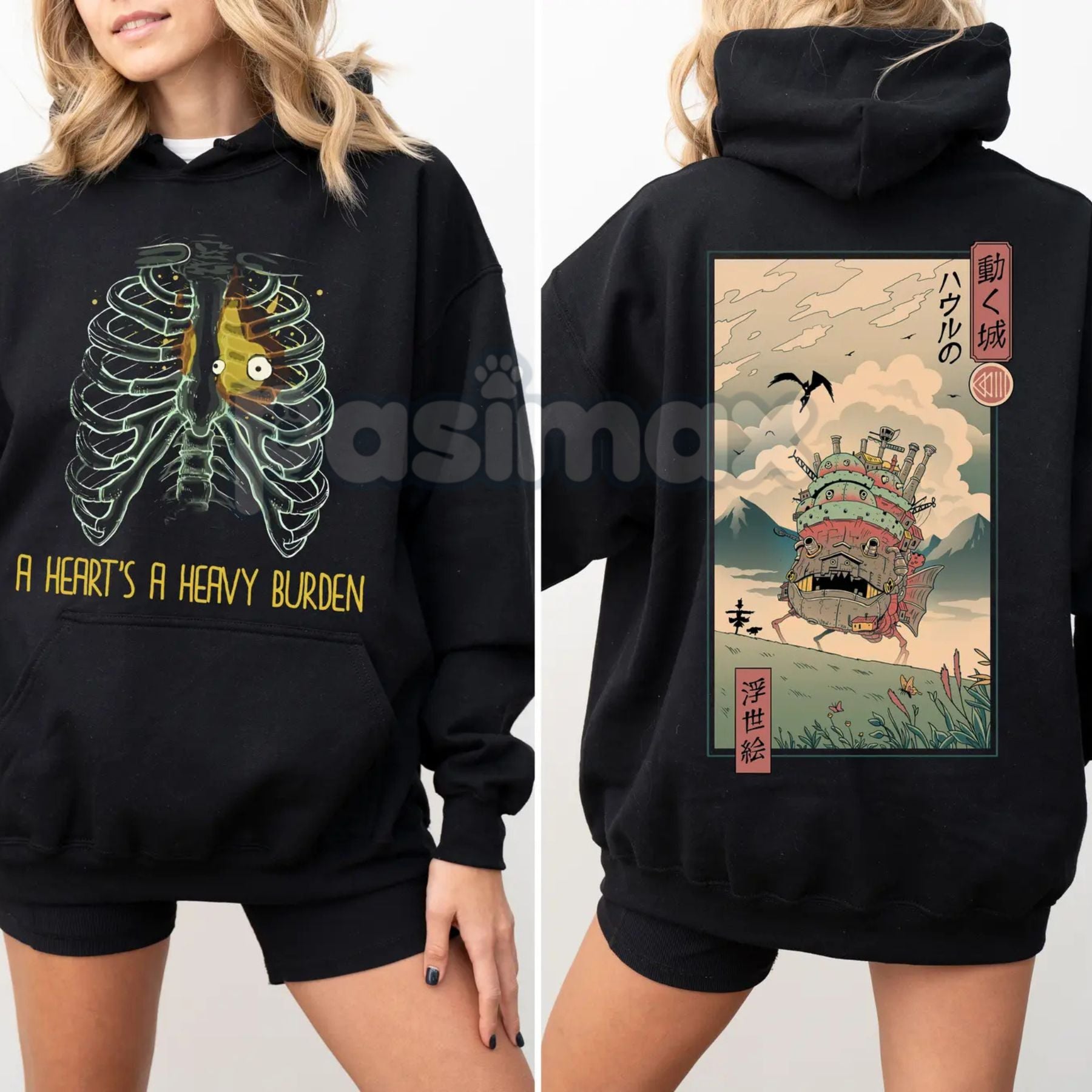 Pasimax Anime "A Heart's A Heavy Burden" 2-Sided Hoodie – Studio Ghibli Inspired Quote Pullover, Fantasy & Film Fan Apparel, 