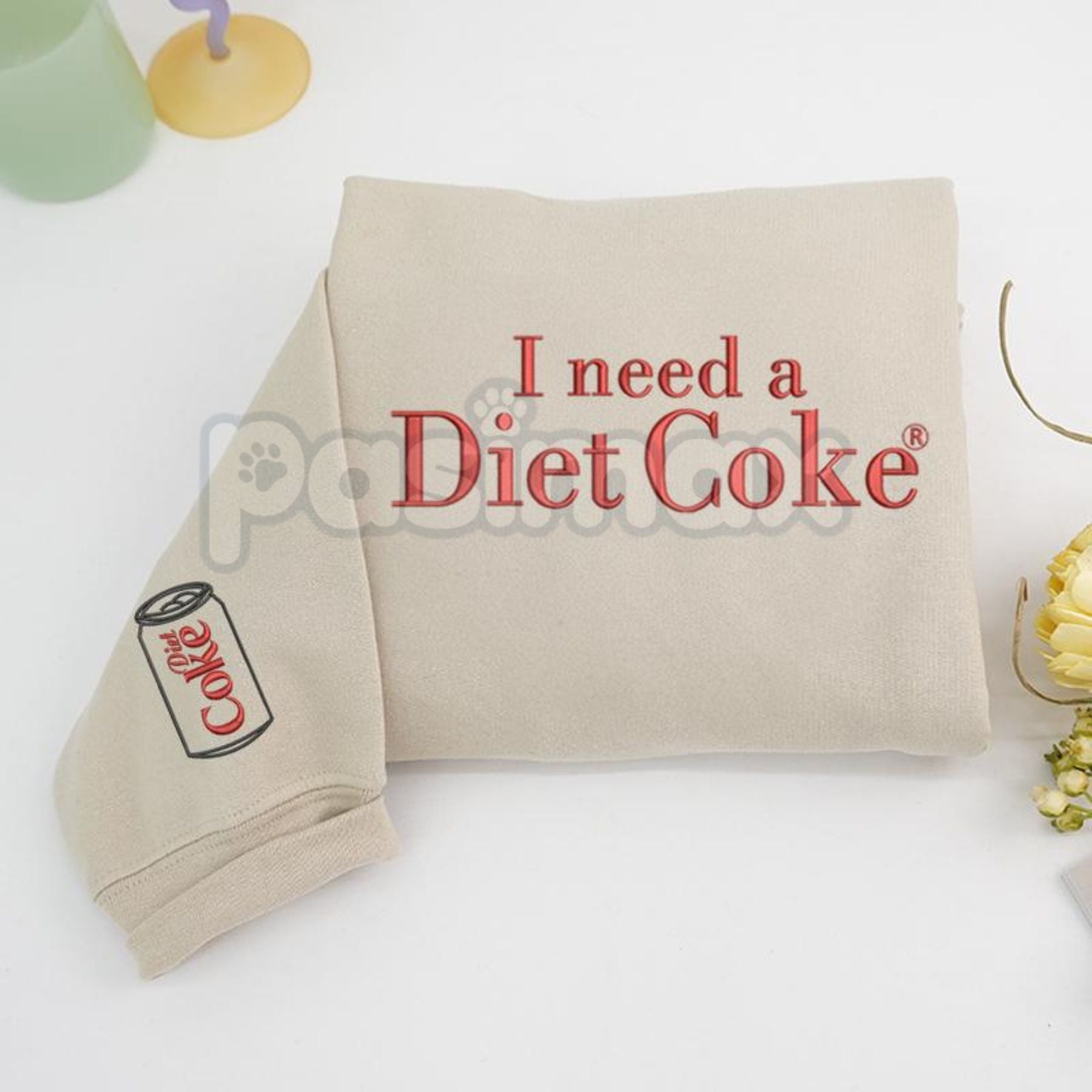 Pasimax Funny Embroidered "I Need a Diet Coke" Sweatshirt – Caffeine Humor Crewneck — side view
