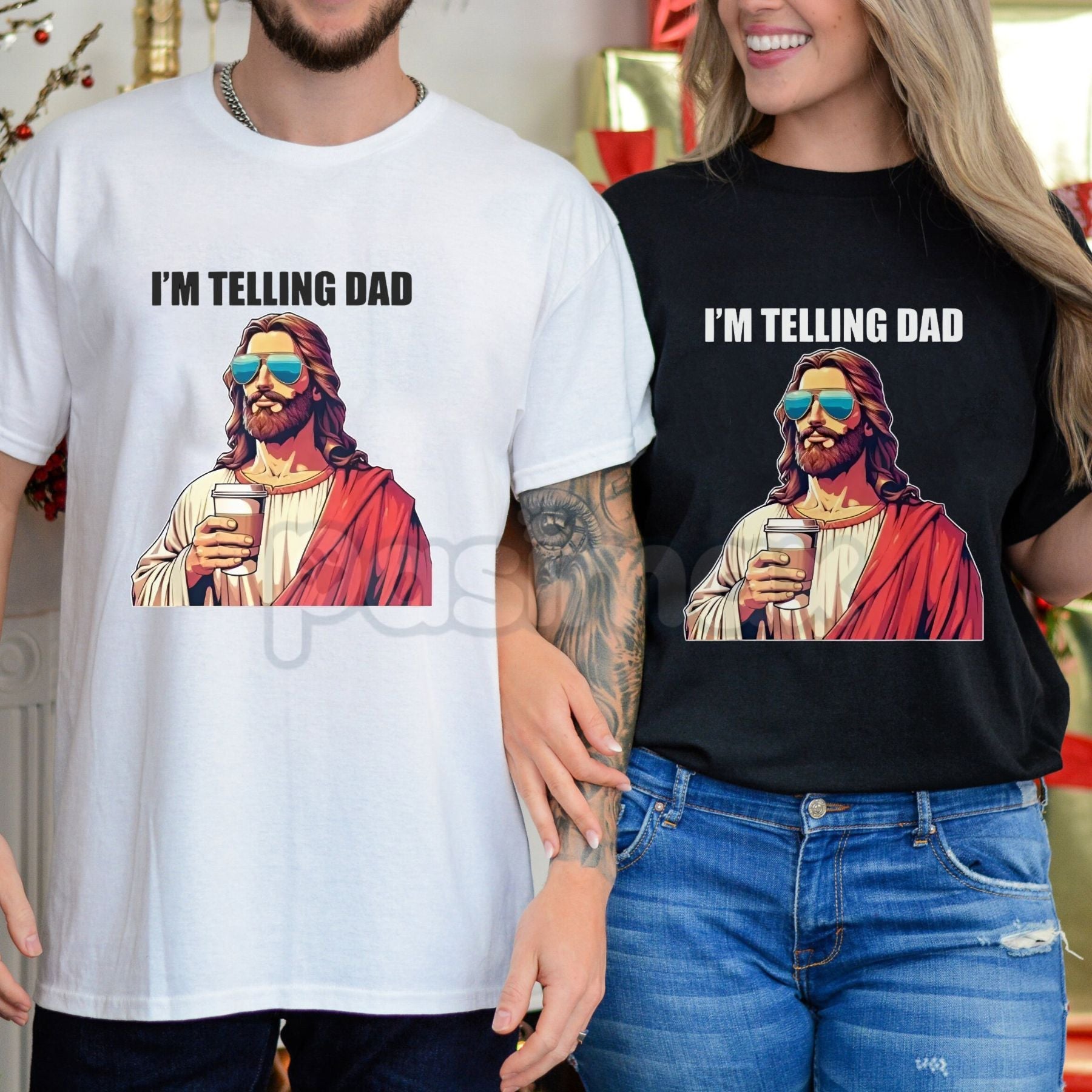 Pasimax "I'm Telling Dad" Jesus Meme T-Shirt - Funny Religious Christian Humor Tee, Unisex Edgy Faith Slogan Shirt — side vie