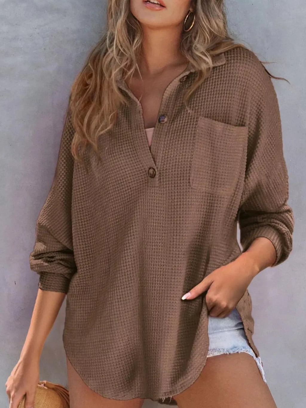 Waffle Knit Button Detail T-Shirt with Pocket