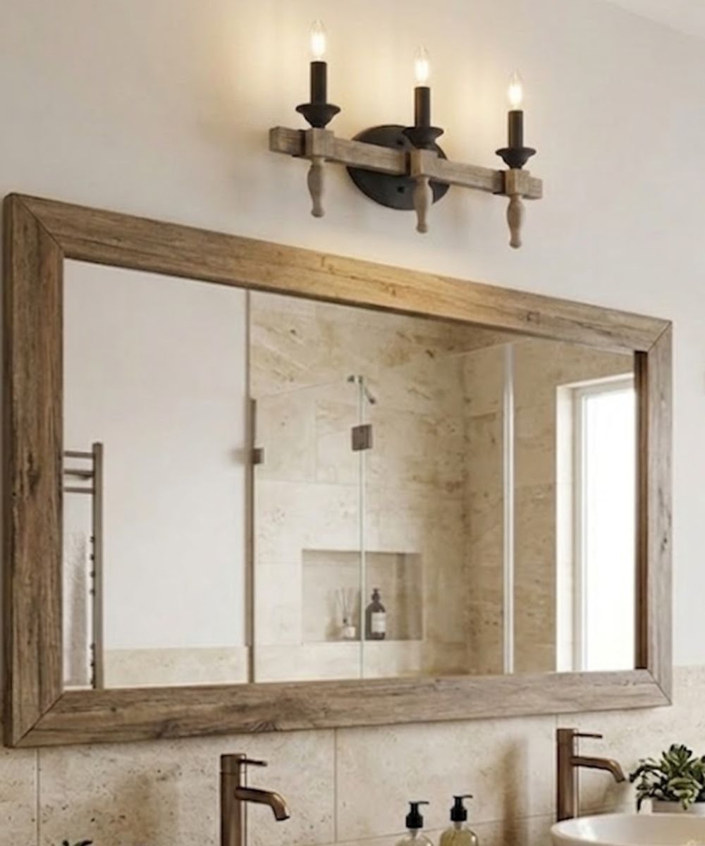 Glenwood 21"W 3-Light Aged Bronze and Distressed Oak Finish Bathroom Vanity Light Fixture – LampsUSA, view 4