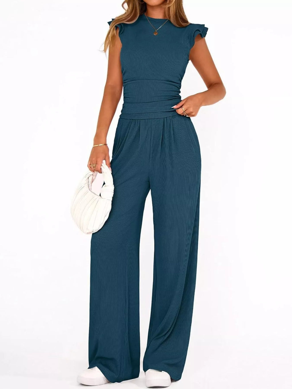 Ruffled Mock Neck Top and Wide Leg Pants Set