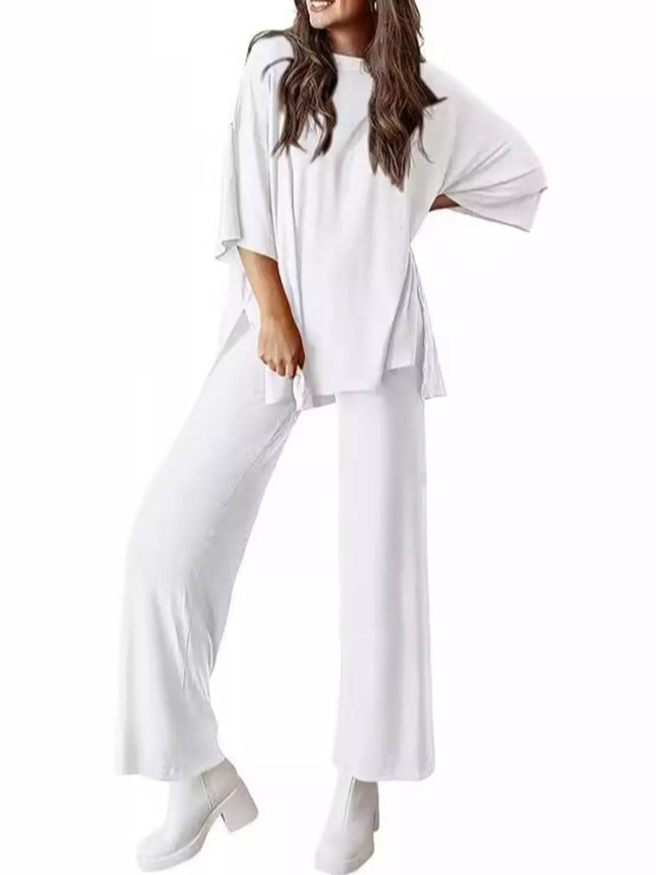 Relaxed Fit Round Neck Top and Pants Two-Piece Set
