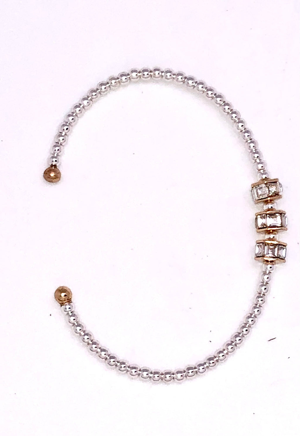 Cuff Alloy Plated 3mm Beaded Bracelet w/Glass Beveled Glass 7-8”