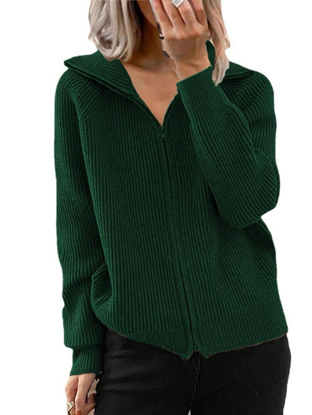 Full Size Ribbed Knit Zip-Up Outerwear Plus Size