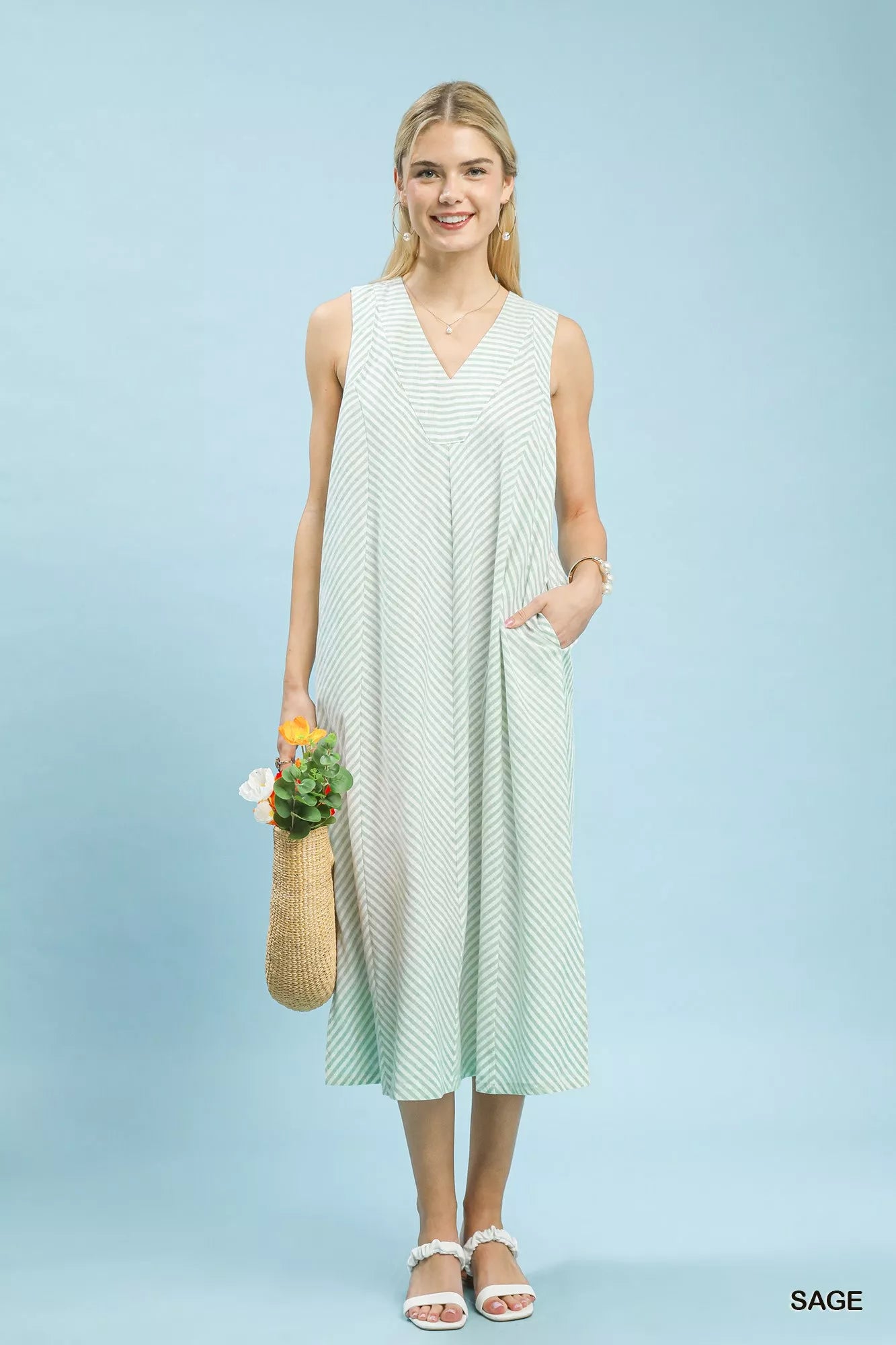 Umgee Chevron Stripe Sleeveless Midi Dress