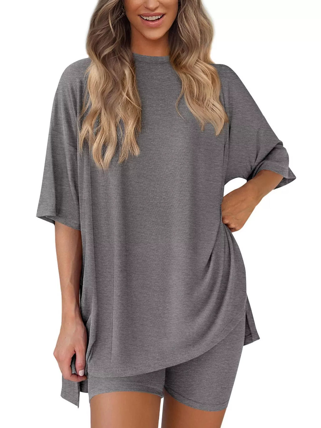 Full Size Relaxed Fit Round Neck Top and Shorts Two-Piece Set Plus Size