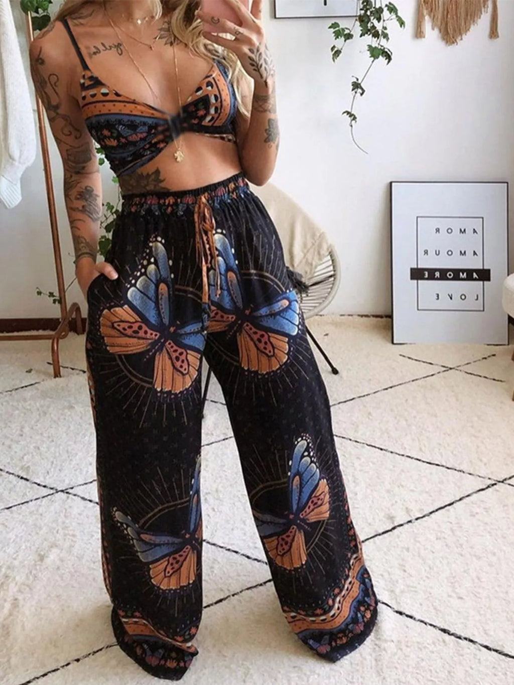 Boho Butterfly Print Top and Pants Set